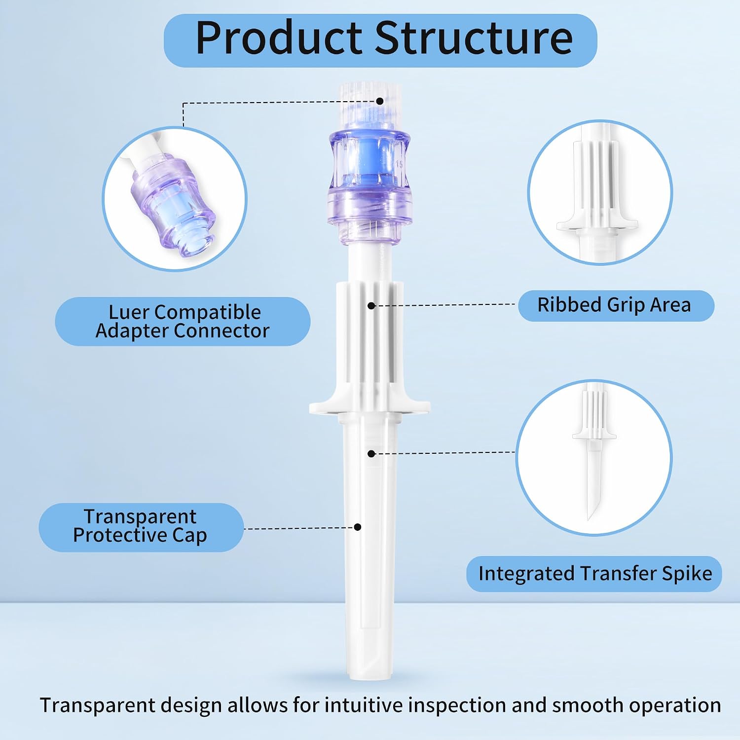 10 Pack Vial Adapter with Transfer Tip, Luer Lock Connector | Individually wrapped adapters with transfer tips designed for reliable liquid transfer and sample handling.