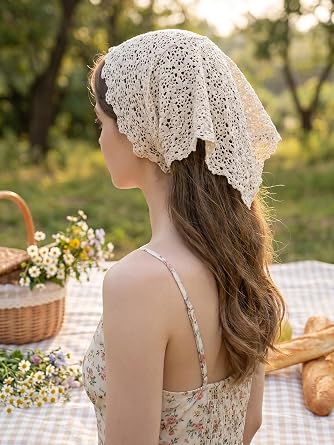 GERINLY Elegant Lace Crochet Neck Scarf Solid Color Triangle Head Bandana Shoulder Wrap For Women