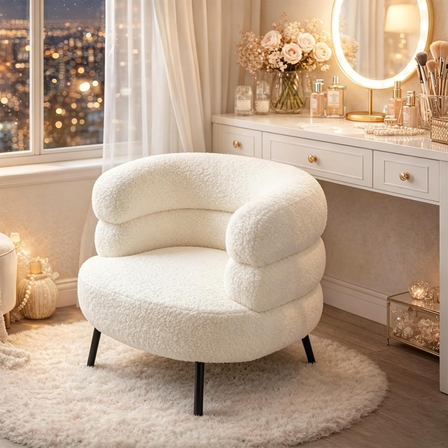 JUKMO Modern Makeup Vanity Chairs Soft Sherpa Accent Chair Curved Design Backrest Armchair Comfortable Barrel Chair for Reading & Relaxing in Living Room Bedroom Office (White) - White