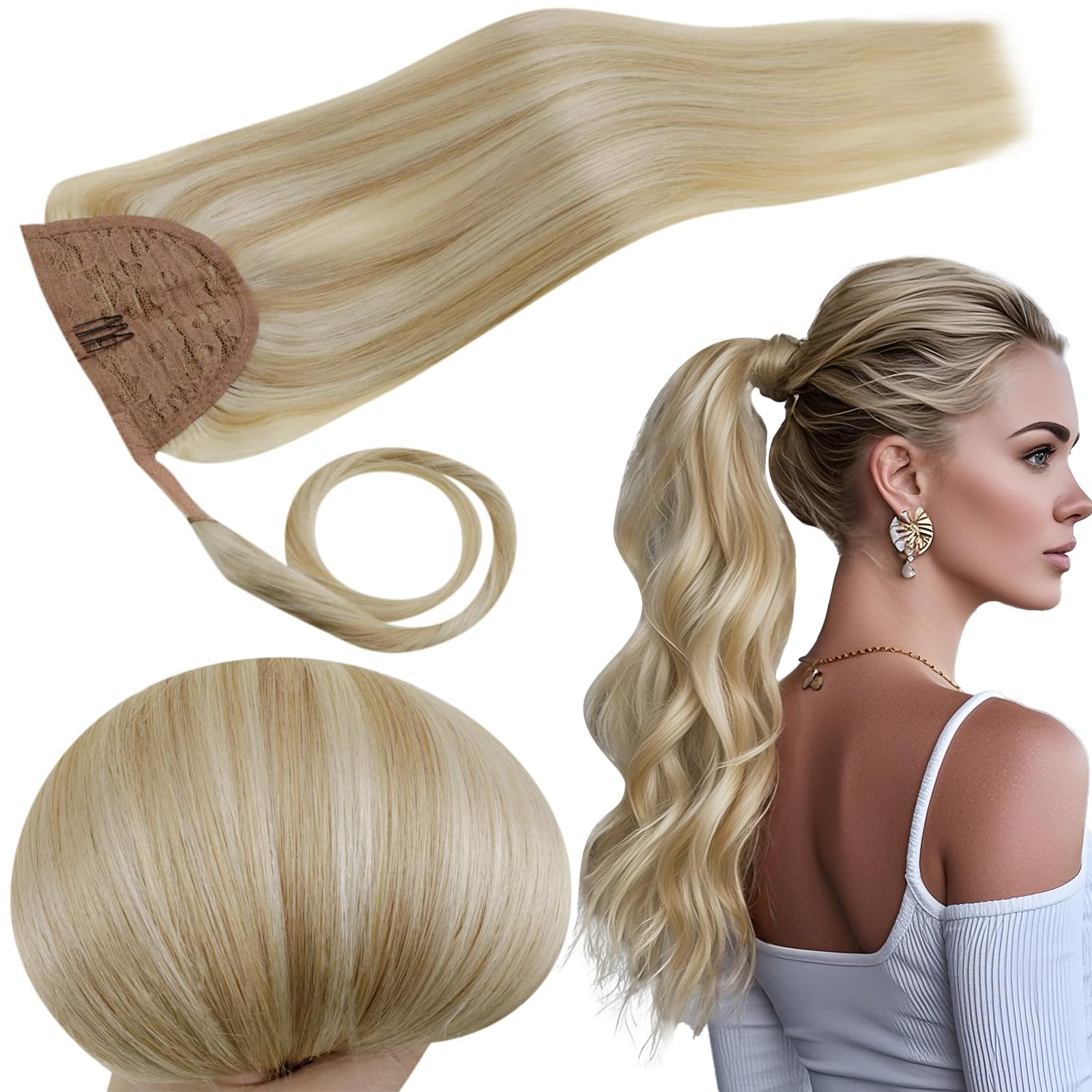 RUNATURE 16 Inch Pony tail Hair Extension Real Human Hair Blonde Highlight Ash Blonde Ponytail Hair Extension Human Hair Straight Hair 80g#18/613