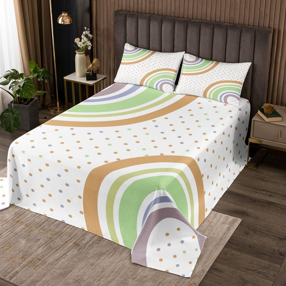 Homewish Juego de colcha con diseño de arcoíris, tamaño King, diseño geométrico, moderno, lindo, círculo, verde, amarillo, decoración de habitación, ropa de cama acolchada