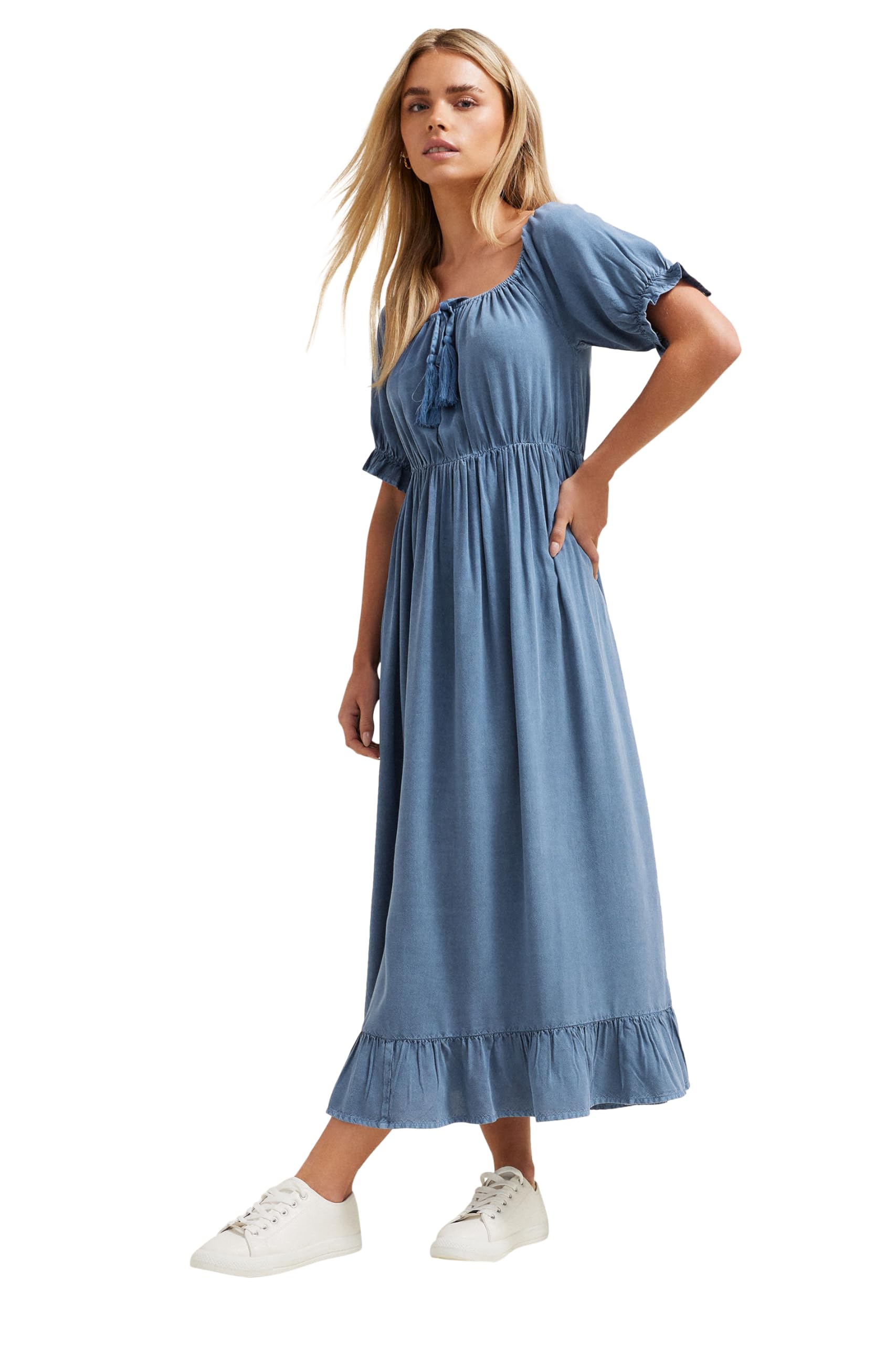 M&Co Petites Petite Acid Wash Tassel Detail Dress - Women's Blue