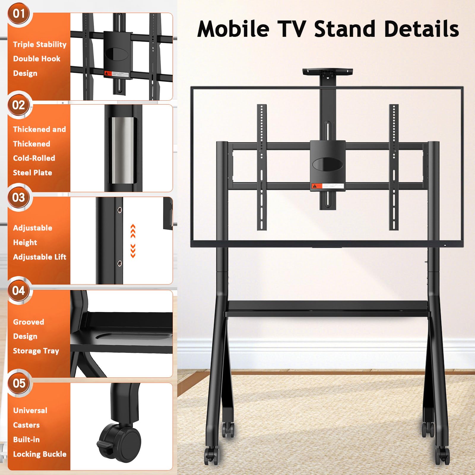Soporte móvil para TV con ruedas, carrito rodante con altura ajustable, soporte de TV para televisores LED/LCD/OLED de 42 a 120 pulgadas, soporta hasta 150 kg, perfecto para el hogar u oficina