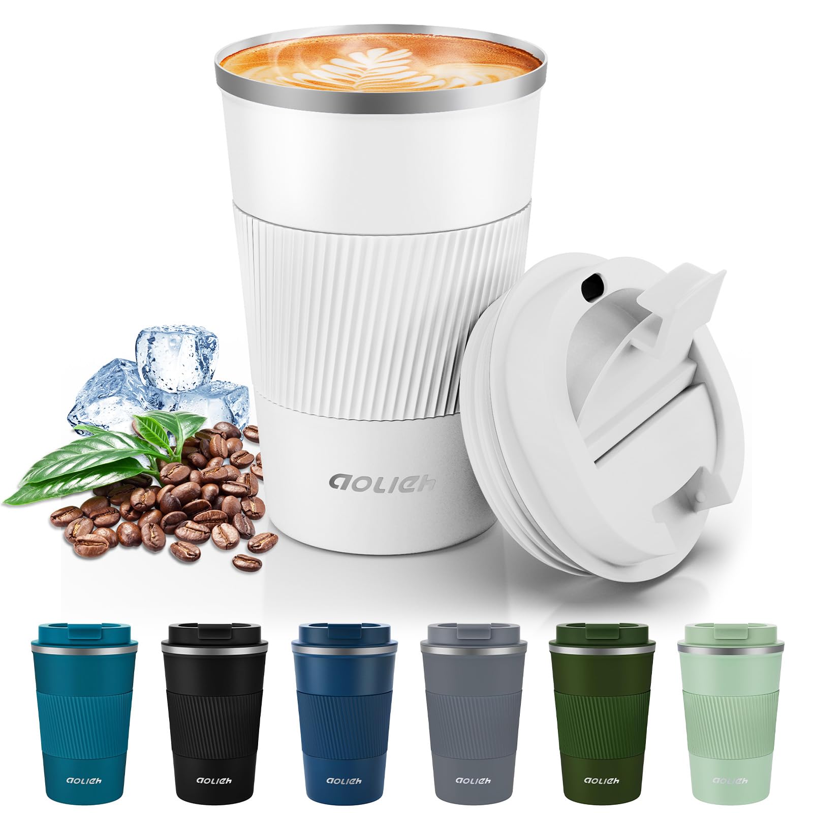 Aolieh Thermobecher 380 ml, Kaffeebecher to Go aus Edelstahl mit auslaufsicherem Deckel, doppelwandig isolierter Travel Mug für Kaffee und Tee und Wasser, wiederverwendbar, weiß