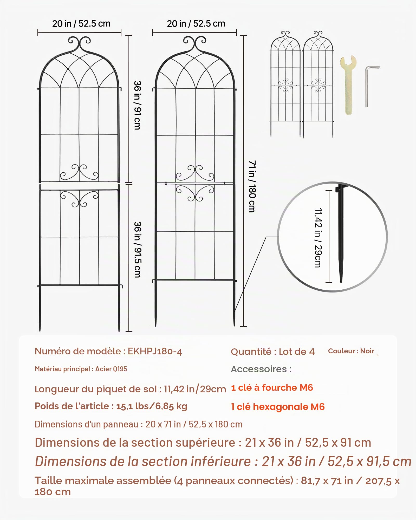 VEVOR Treillis de Jardin Métal 52,5x180 cm Support de Plante Grimpante Lot de 4 Treillis pour Rosiers, Tomates, Concombres, Fleurs Légumes Grimpants, avec Revêtement en Poudre, Système de Verrouillage