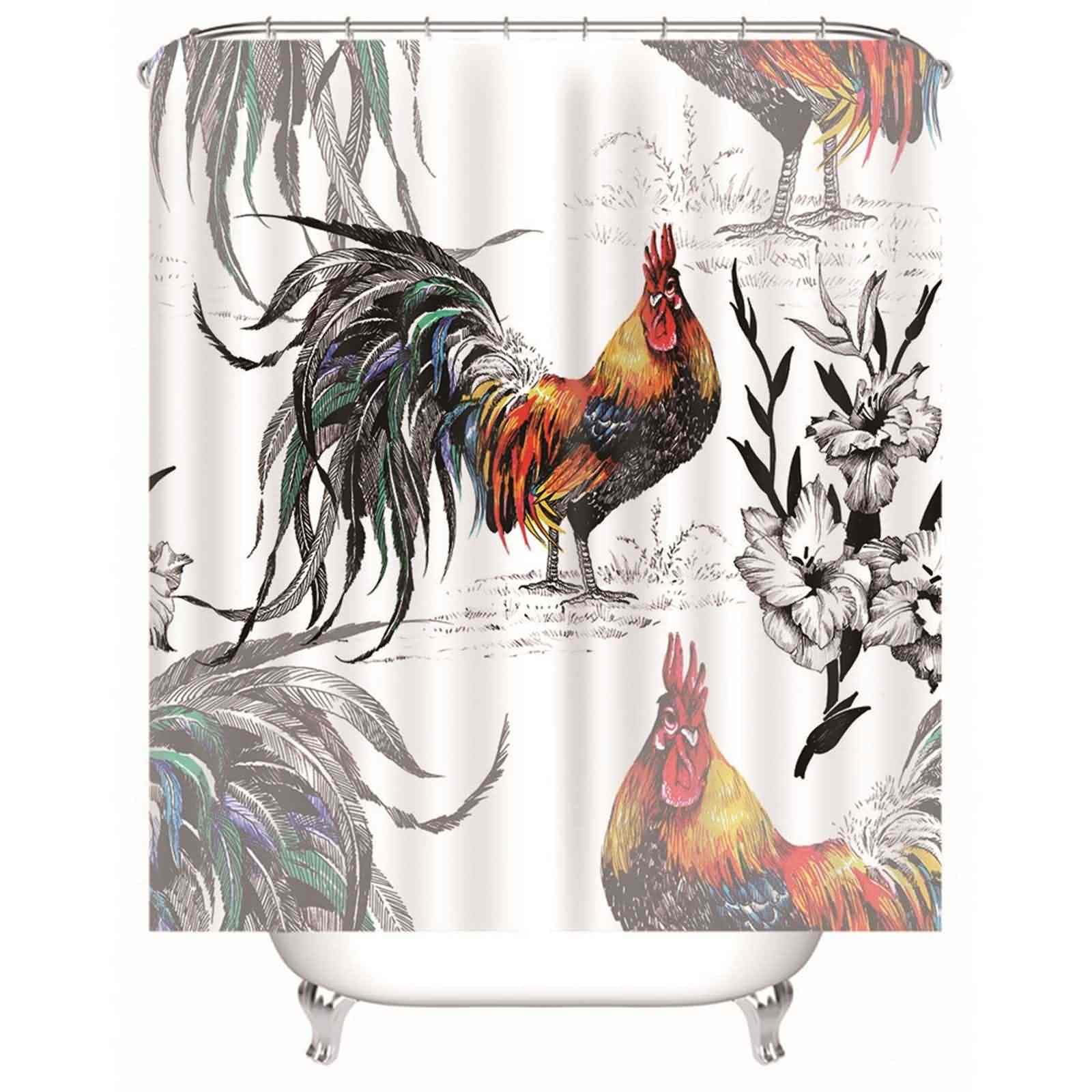 Rideau de douche coq et fleurs XXL 220x180cm occultant en tissu imperméable
