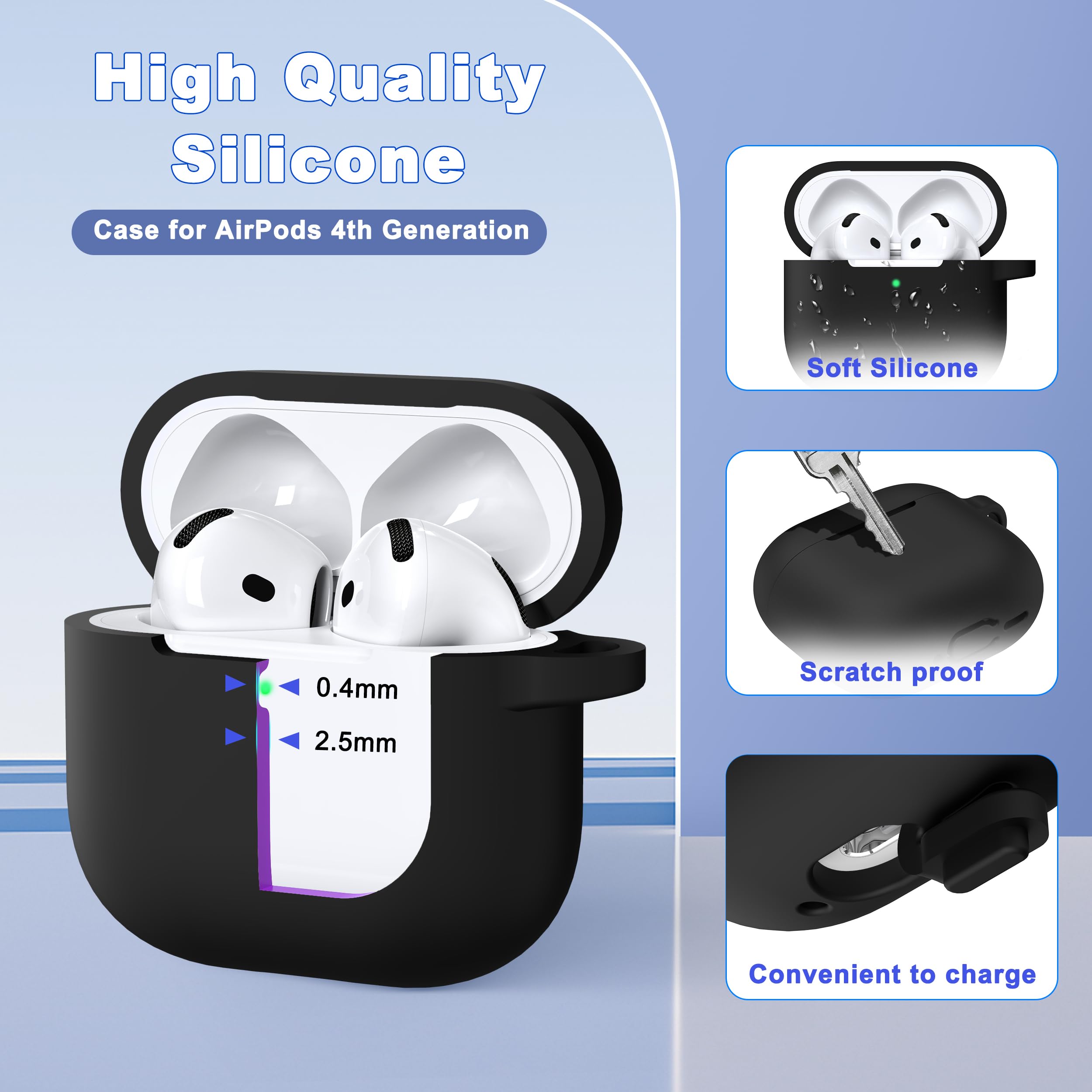 etui na AirPods 4. generacji 2024, miękki silikonowy amortyzujący wstrząsy klasy wojskowej do etui AirPods 4 z brelokiem i zestawem do czyszczenia, czarny