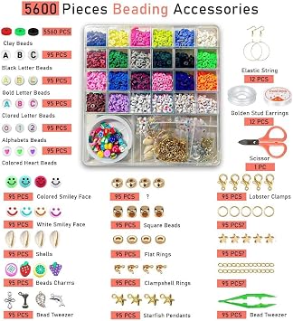 VINCAM 5600 Pieces Clay Beads Bracelet Making Kit, 20 Colours Flat Round Beads, DIY Heishi Beading Set with Charms, Letters, Pendants, Tools for Jewellery Making for Teen Girls