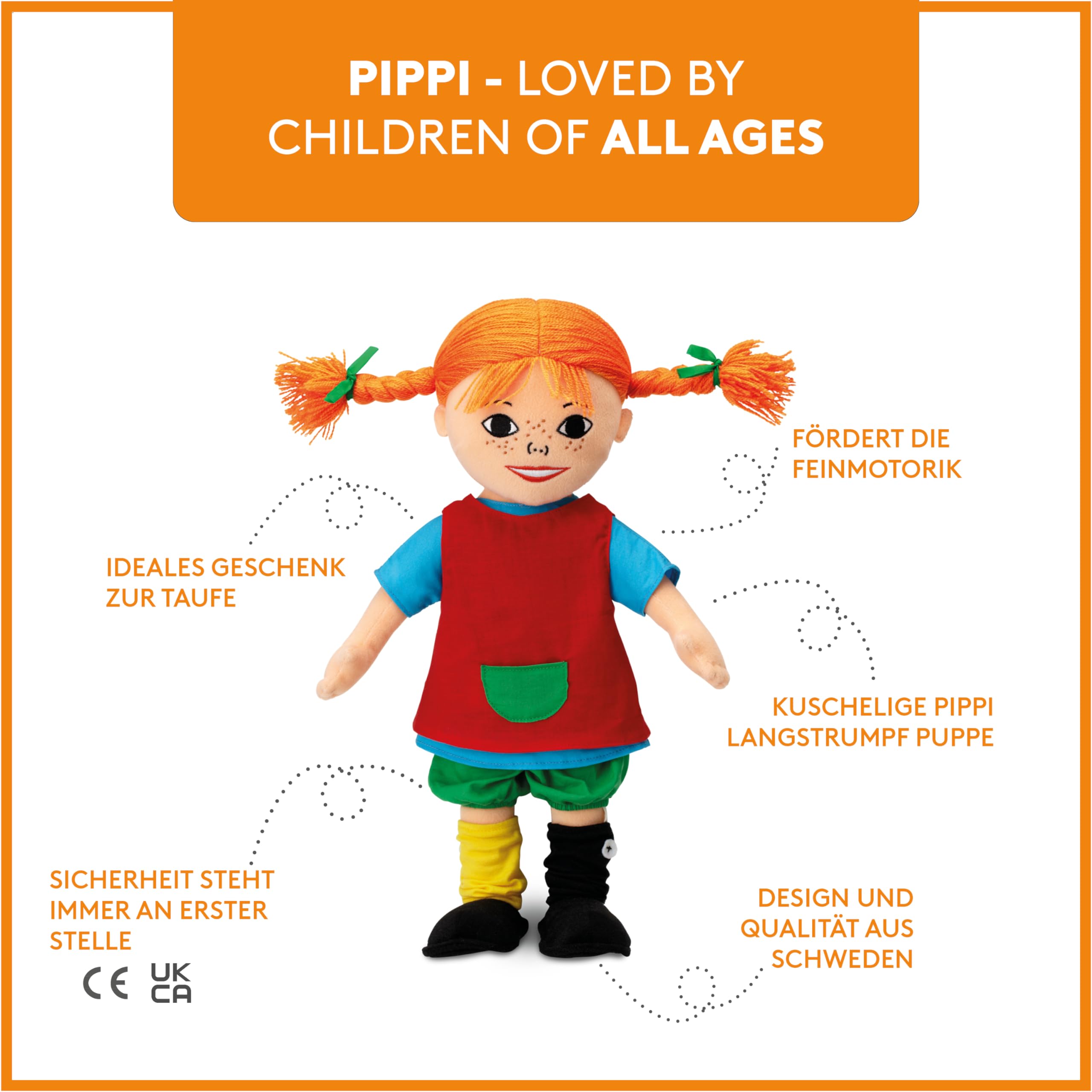 Pippi Langstrumpf Puppe, 20cm – süße Stoffpuppe für Mädchen und weiche Kuschelpuppe ab 10 Monaten – Anziehpuppe und Plüschpuppe als z.B. Taufgeschenke für Mädchen