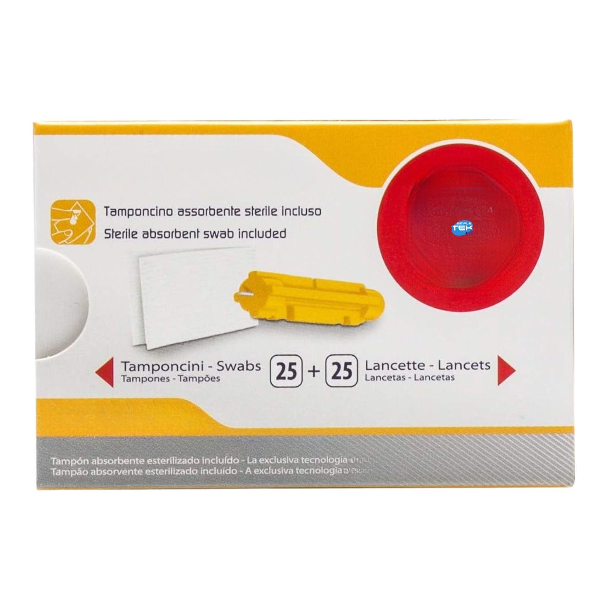 SIMPLETEK - 10 Confezioni di Lancette Pungidito Sterili e Tamponcini assorbenti per Glicemia | Kit completo G33, pronto all'uso (25 Pezzi per Confezione)