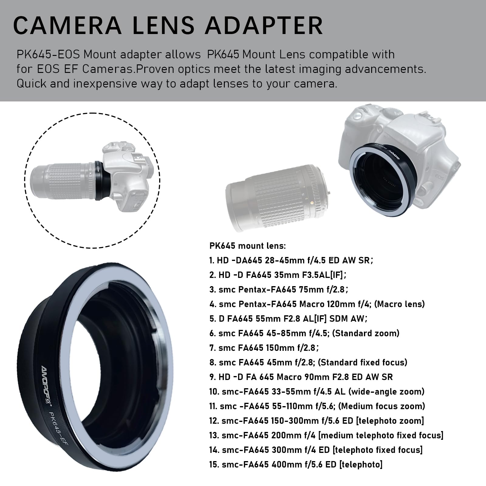PK645-EOS Bague d'adaptation pour Objectif Pentax 645 (P645) SLR Compatible avec Les appareils Photo Canon EOS EF-S 1D, 1ds,5D,10D,20D,30D,40D,50D,60D,Rebel XT,XS,T2i, T3,400D,P645 to EOS