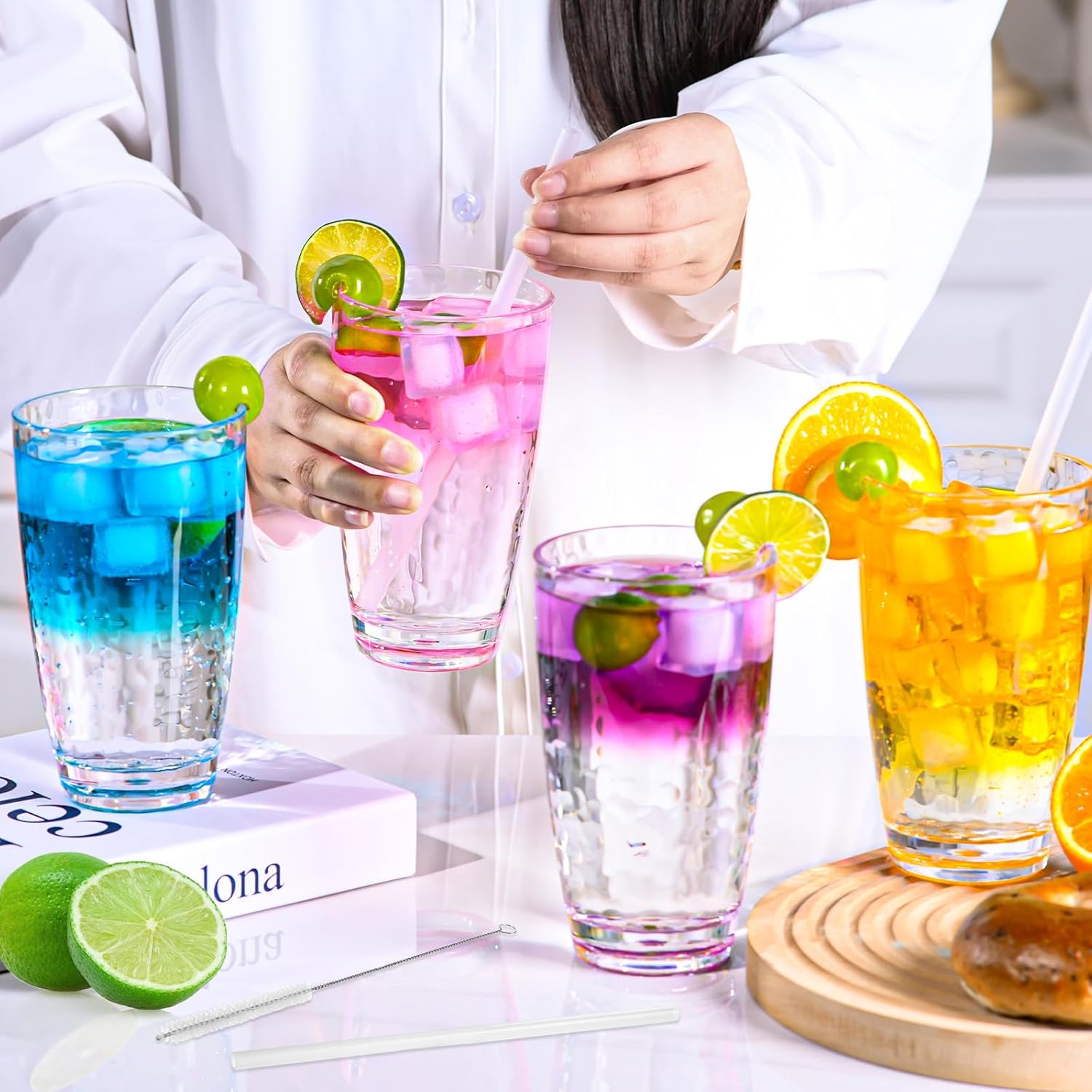 6 Pcs Plastic Drinking Tumblers Set of 18 oz, Acrylic Drinking Glasses with Straw&PP Brush, BPA-Free, Stackable Water Cups, Clear Cups for Juice, Wine (18 oz-6 pcs) - Image 2