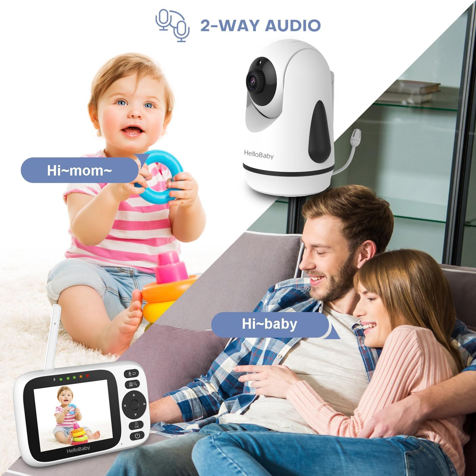 HelloBaby Baby Monitor Senza WiFi, Neonati Schermo da 3.2 '', Interfono Bidirezionale,Visione Notturna, Modalità VOX/ECO, Rilevamento della Temperatura, Ninna Nanna,2 Fotocamera Inclusa
