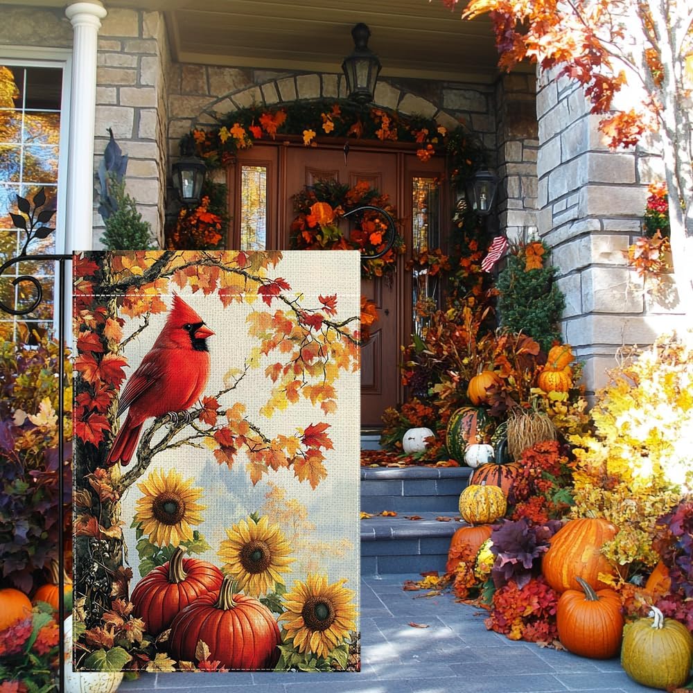 Fall Cardinal Red Bird Pumpkin Garden Flag for Outside 12x18 Inch Double Sided Burlap Welcome Autumn Thanksgiving Maple Leaf Sunflower Flowers Farmhouse Holiday Rustic Outdoor Yard Flag Home Decorations - Image 2