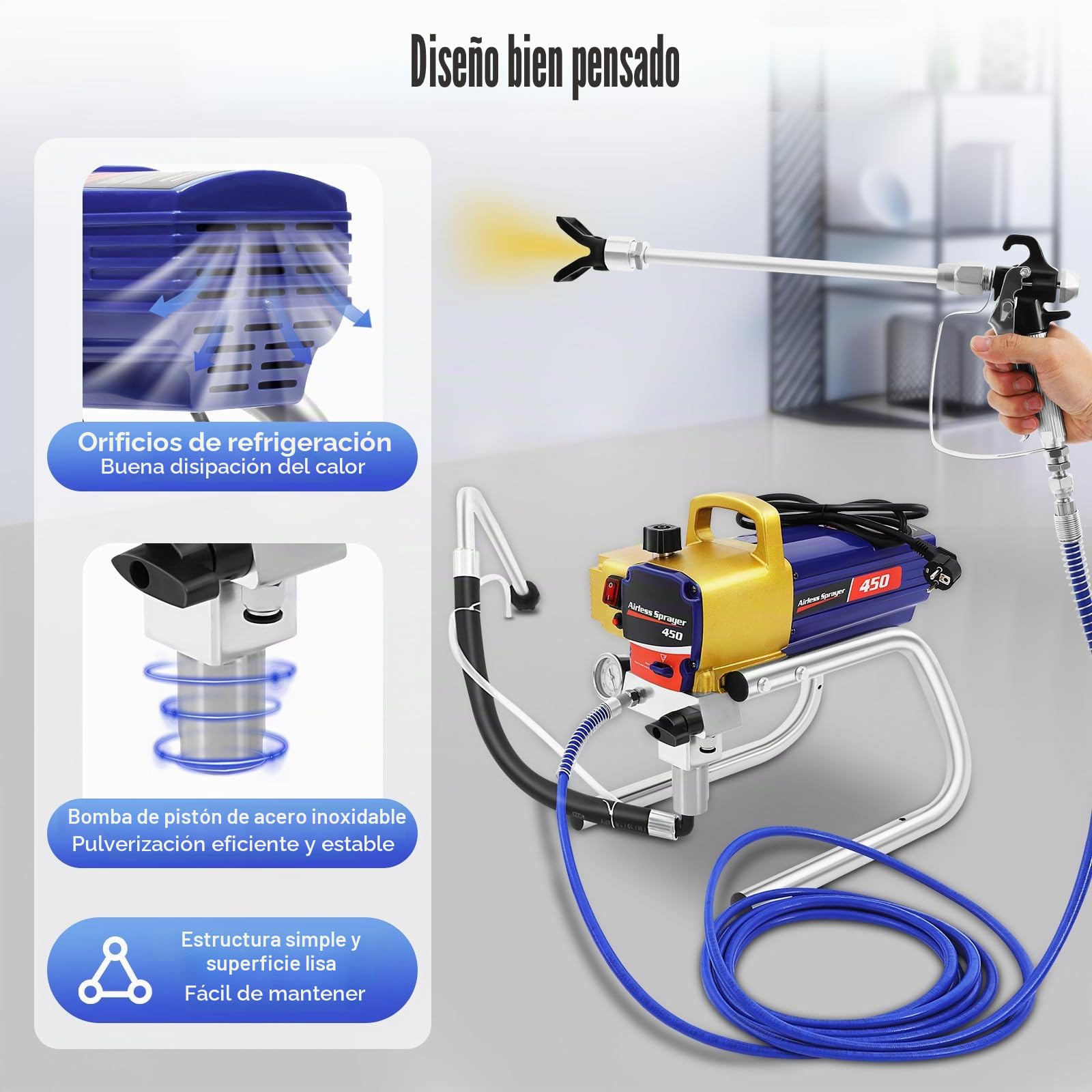 Pulverizador de pintura Airless de alto rendimiento | Sistema de pulverización de pintura Airless | Pulverizador de pintura | Pulverizador con pistola de pintura 517 y manguera de alta presión, para