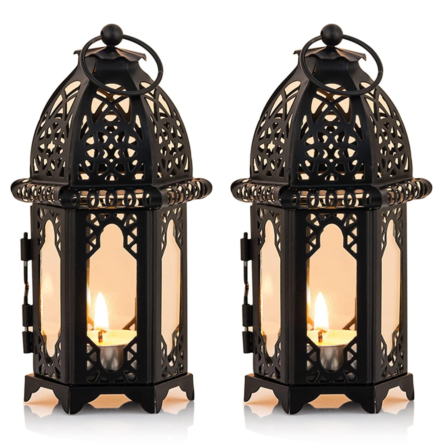 NUPTIO 2 Pcs Metal Tealight Candle Holder Small Sized Wedding Centerpieces Transparent Glass, Tea Light Lantern Holders, Hanging Lanterns Creative Wedding Home Table Christmas Decoration, Black