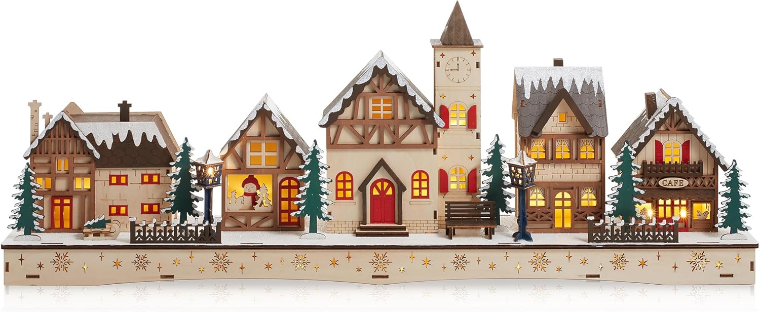 Casafield Pre-Lit Wooden Christmas Village - Miniature LED Light-Up Traditional Winter Holiday Decoration for Home, Mantel and Tabletop