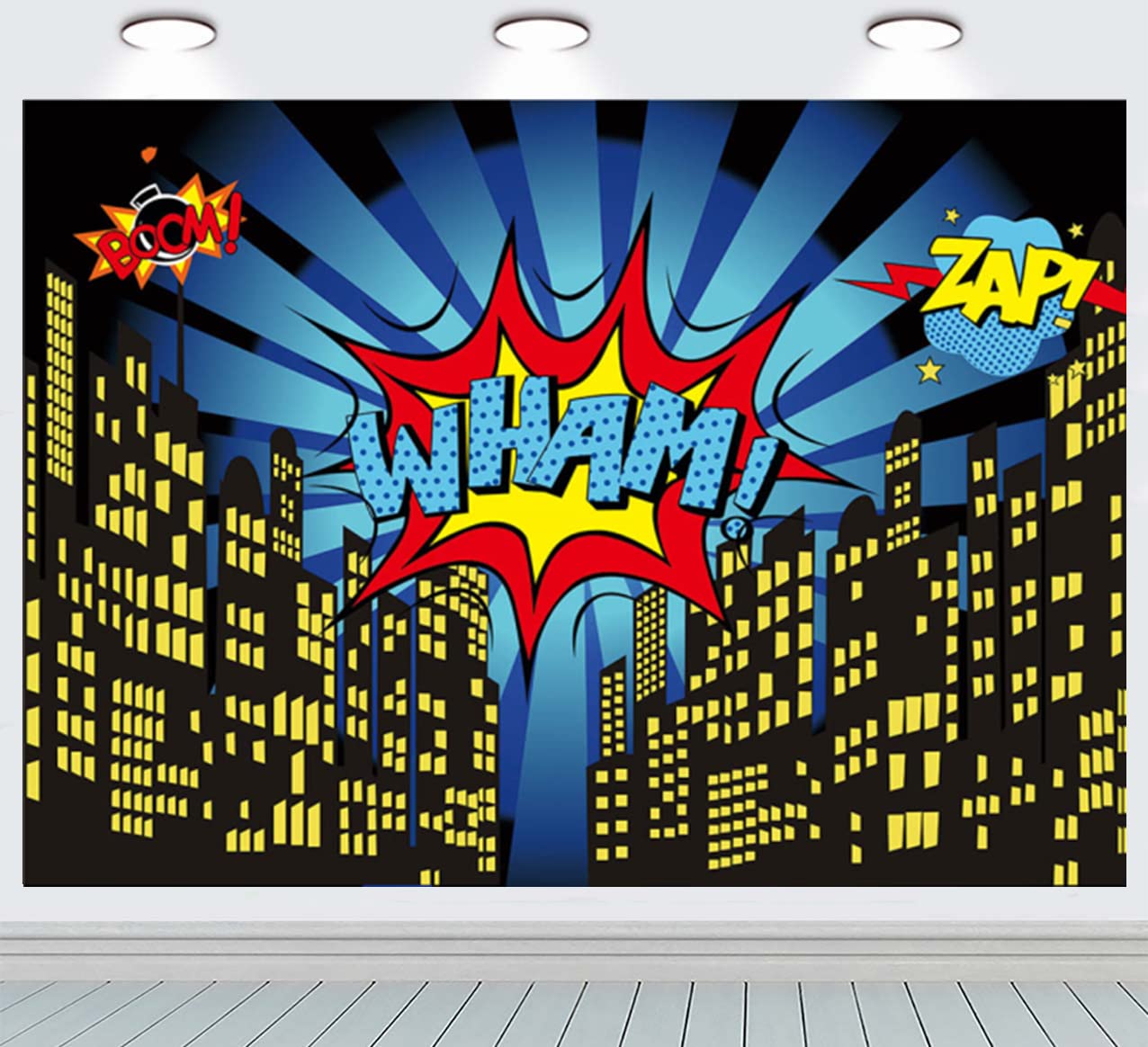 RUINI Superhero Night Cityscape Stars Photo Backdrop Kid Bedroom Wall Decoration Superhero Party Supplies Super Hero Photo Booth Props (7x5FT)