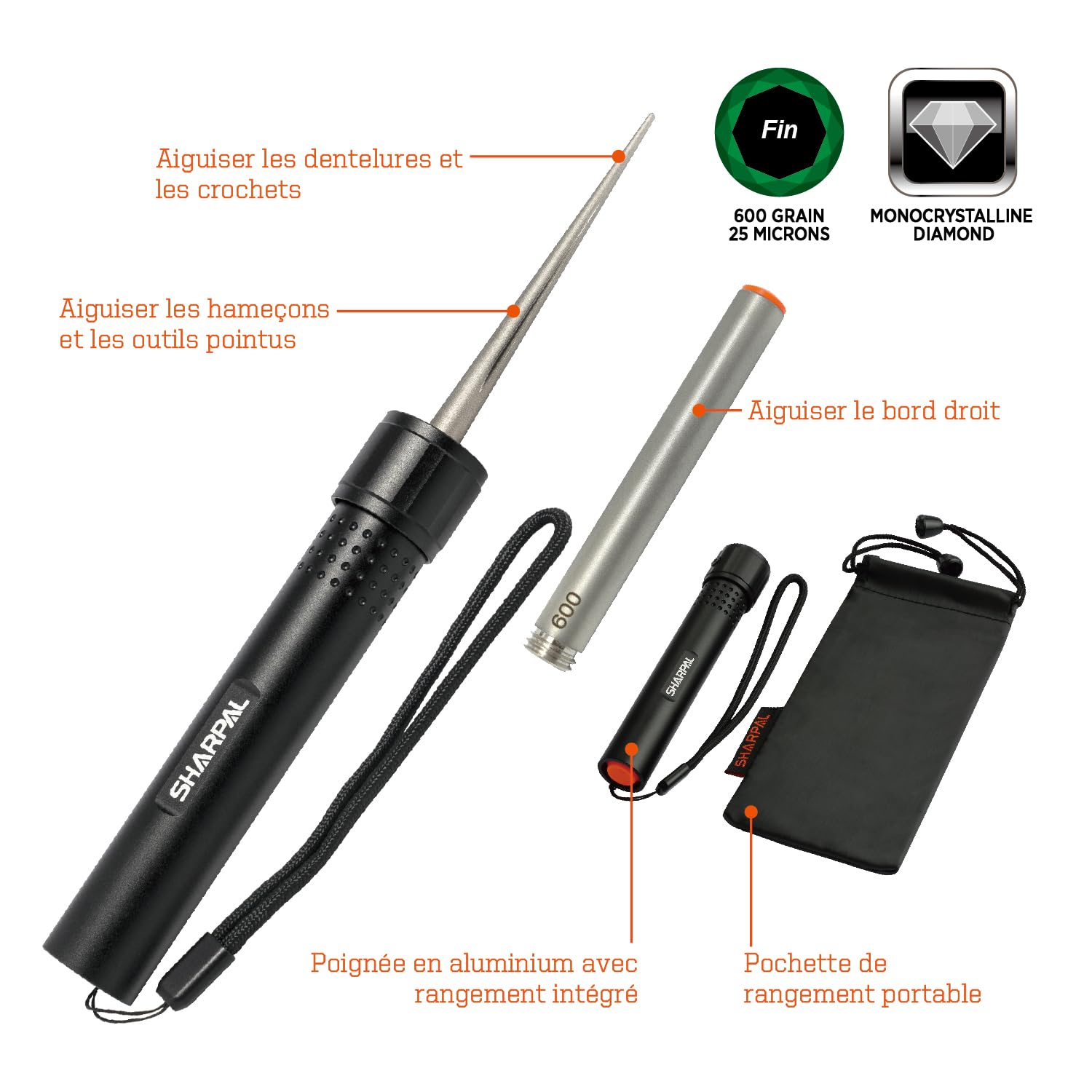 SHARPAL 178N Aiguiseur de lame 3 en 1 | Tige d'affûtage diamant 10,2 cm grain 600 | Aiguise tous les couteaux et outils avec bord droit, dentelage et crochets | Aiguiseur de couteaux de poche