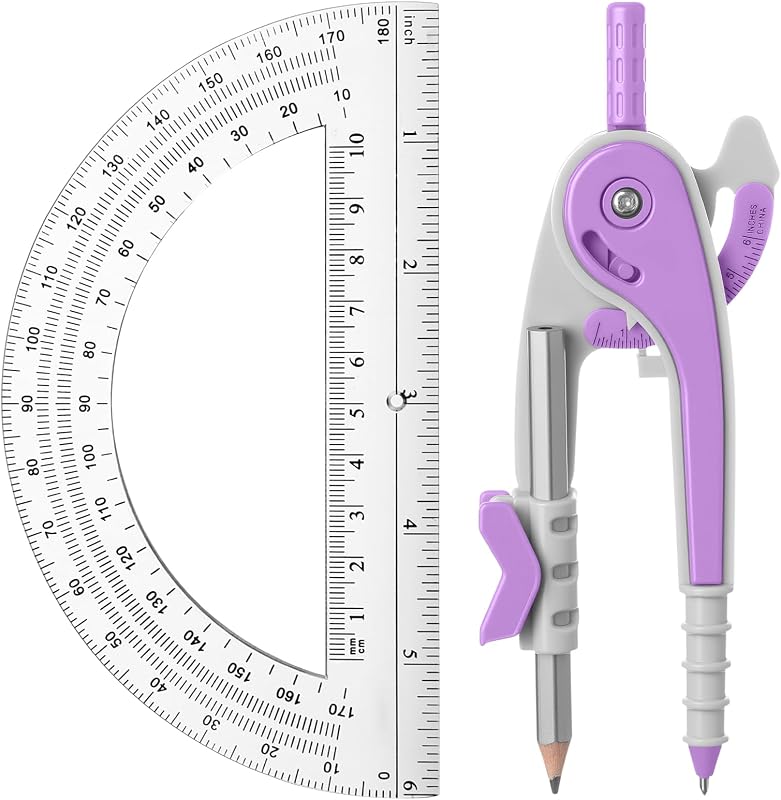 Student Geometry Math Set, Drawing Compass and 6 Inch Clear Swing Arm Protractors 180 Degree Math Protractor (Lavender Purple)