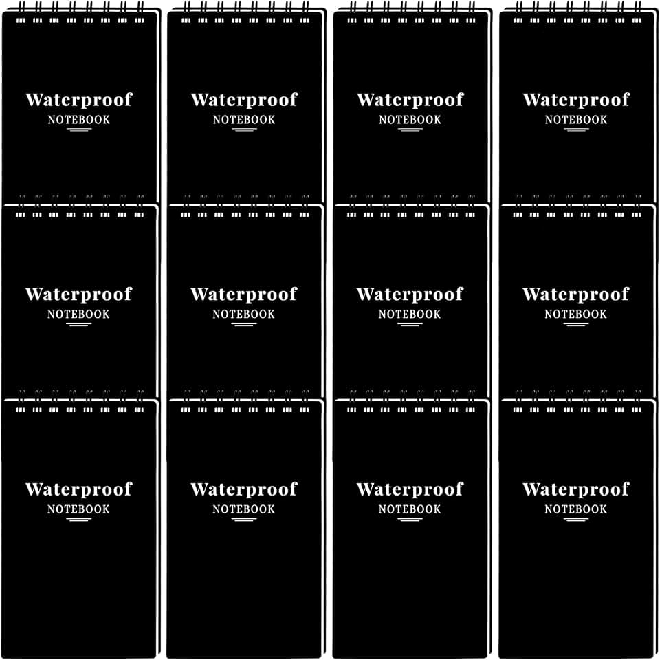 Wavamawa 12 Pack 3" x 5" Waterproof Stone Paper Notebooks, Top Spiral All-Weather Pocket Steno Pads, Waterproof for Rain & Damp, Eco-Friendly Small Memo Notepads for Hiking, Camping, Fishing, Boating, Tactical, Police, Field Work, Construction, Office, Classroom, School & Daily Travel, Black