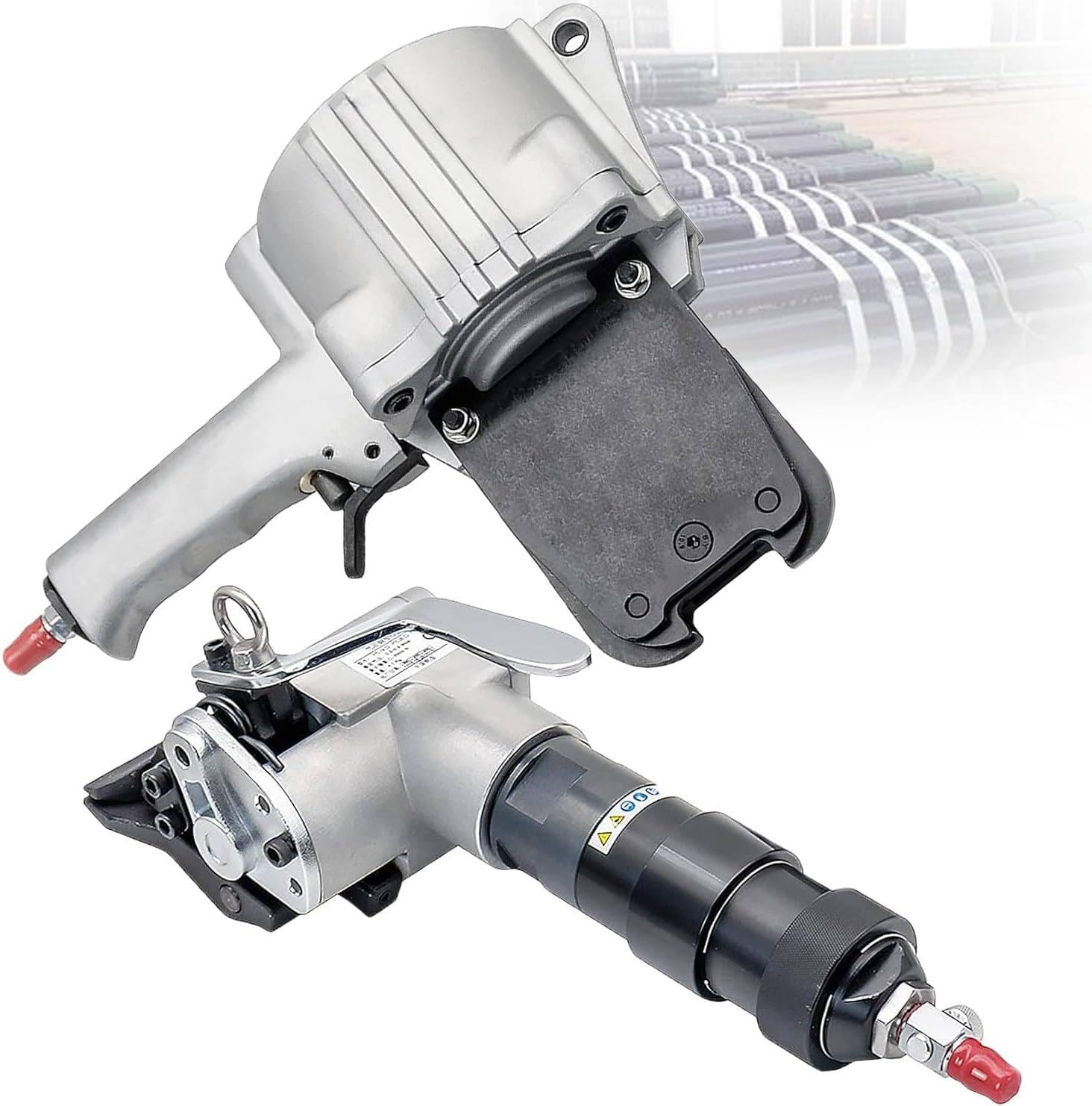 JozyJul Packaging Pneumatic Metal Steel Strapping Banding Tool Machine for 0.75-1.26" Steel Strap Integrates Functions of Tensioner & Crimper Sealer,Pneumatic Strapping Tool 32mm