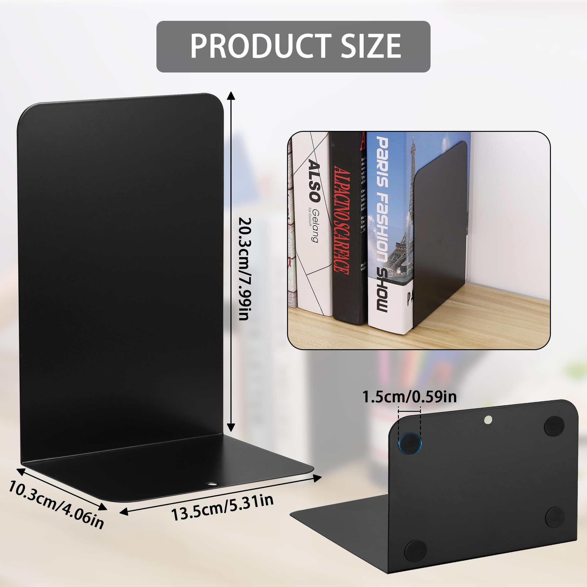 Fermalibri in Metallo Antiscivolo 2 Paia 4 Pezzi 10x13x20 cm per Mensole Ufficio Casa Scuole Nero