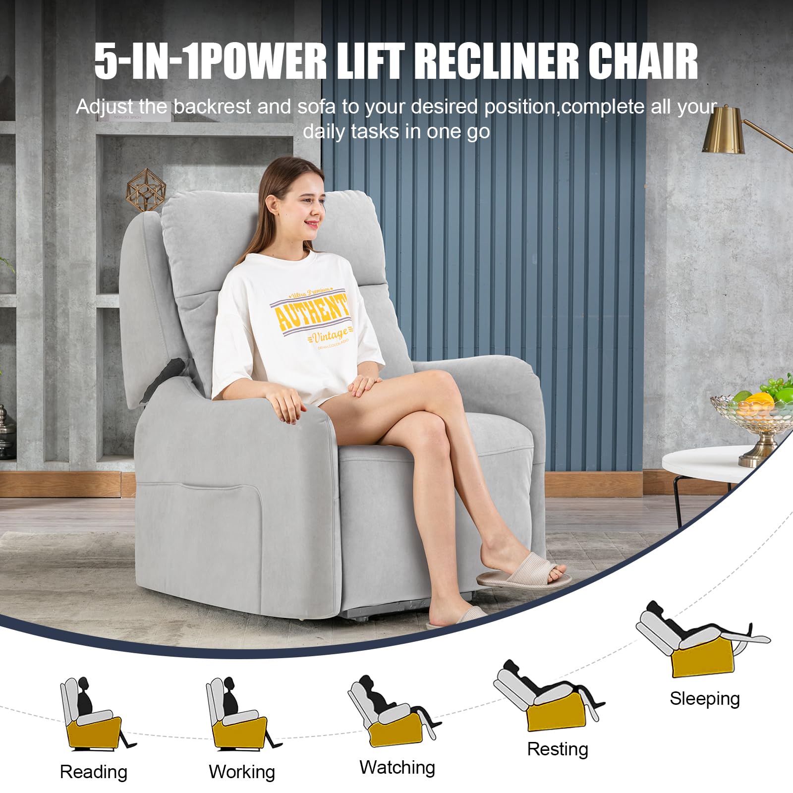 COMHOMA Poltrona relax elettrica con Power Lift, con funzione massaggio SL, poltrona relax, telecomando, con porta USB per anziani, schienale rimovibile, tessuto grigio