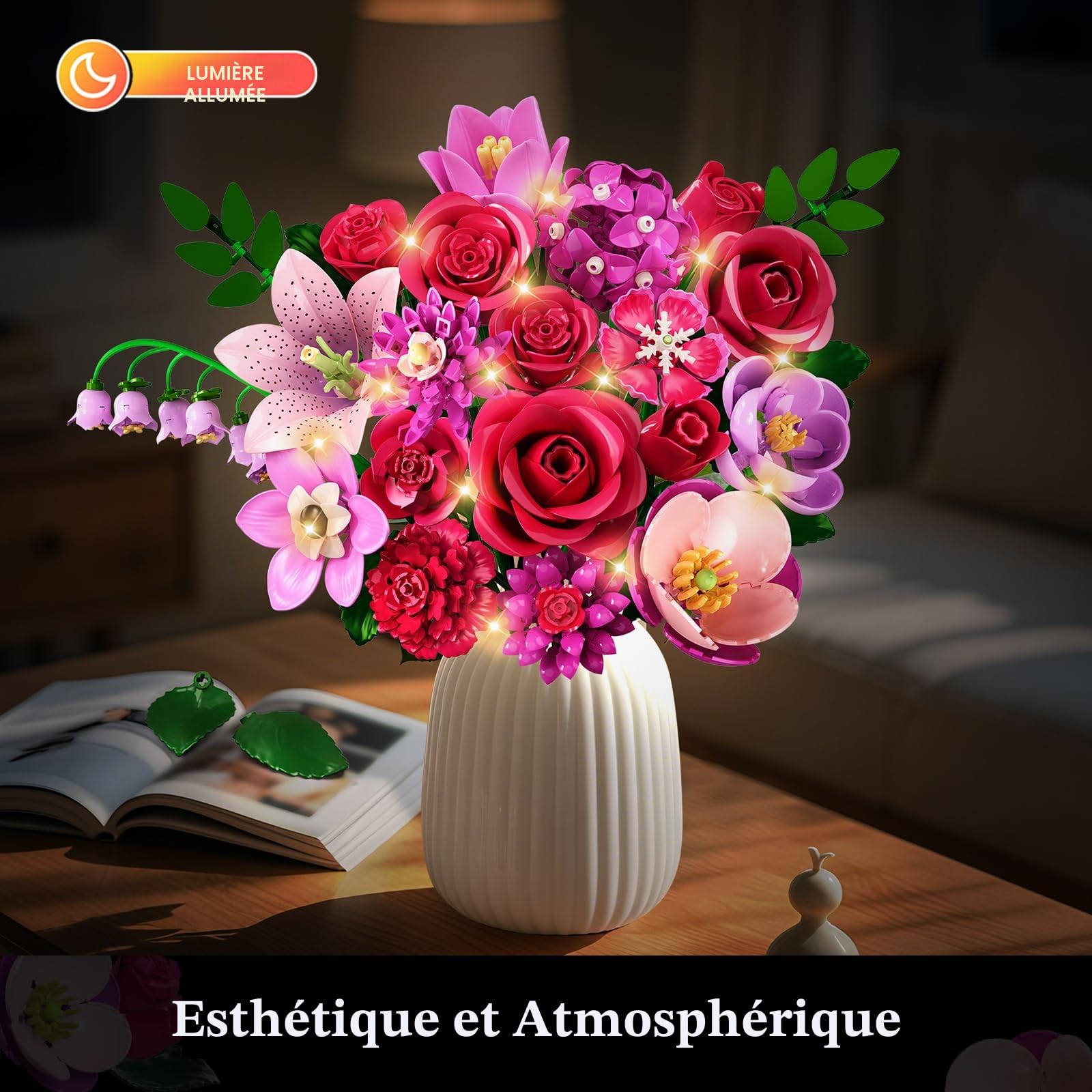 CUBIMANA Bouquet de Fleurs LED 21 Roses Rouges Collection Botanique 832PCS