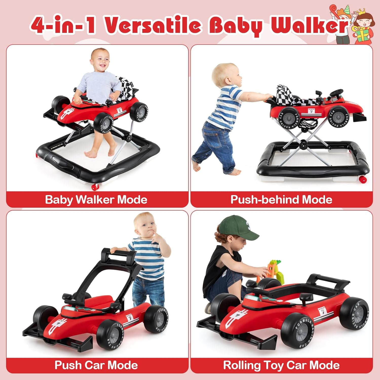 BABY JOY 4-in-1 Foldable Baby Walker with Adjustable Height