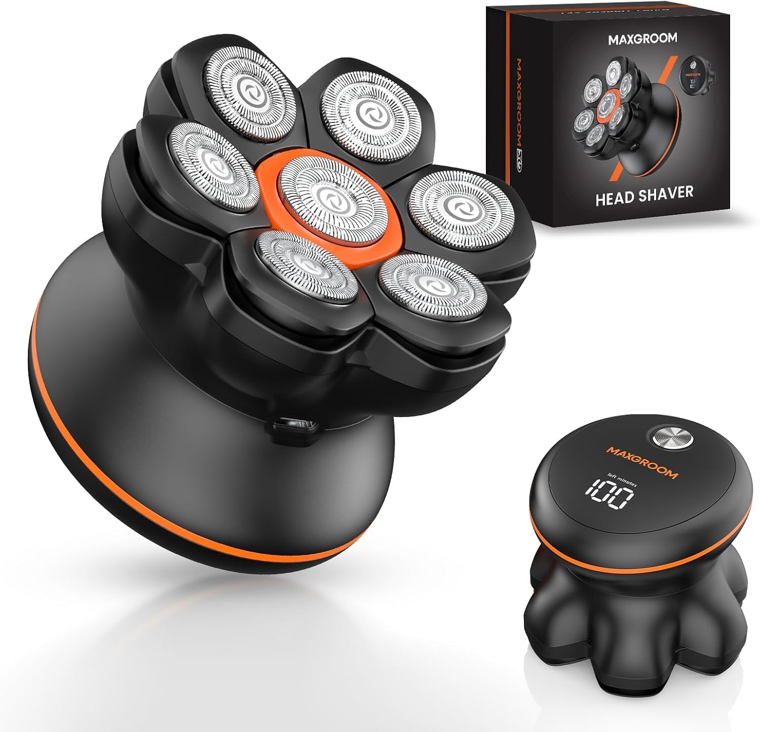 MAXGROOM スキンヘッド用シェーバー 7Dスキンヘッド マグネット着脱式 坊主用 頭髪 電動シェーバー メンズ 7000RPM 高速モーター IPX6防水 乾湿両用 回転 ひげそり 髭剃り バリカン LEDディスプレイ コードレス 充電式 父の日 プレゼント ギフト