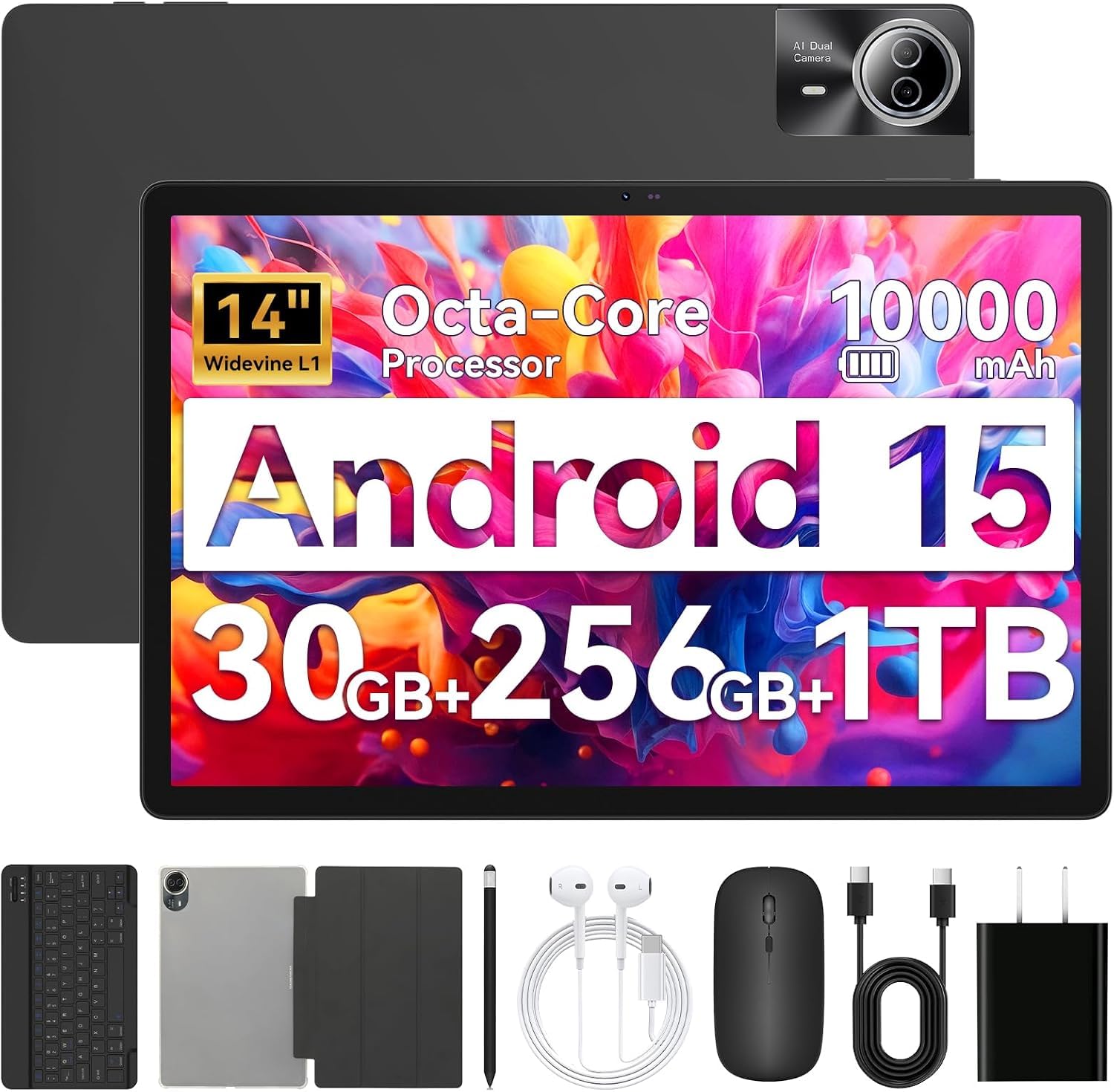 Yicty 14-Zoll Android 15 Tablet-PC, Octa-Core, 30 GB RAM + 256 GB ROM + erweiterbar Auf 1 TB, 1920 x 1200 FHD IPS-Touchscreen, 10.000 mAh Akku, 5 MP + 8 MP Dual-Kamera, WiFi 6 & Bluetooth 5.4