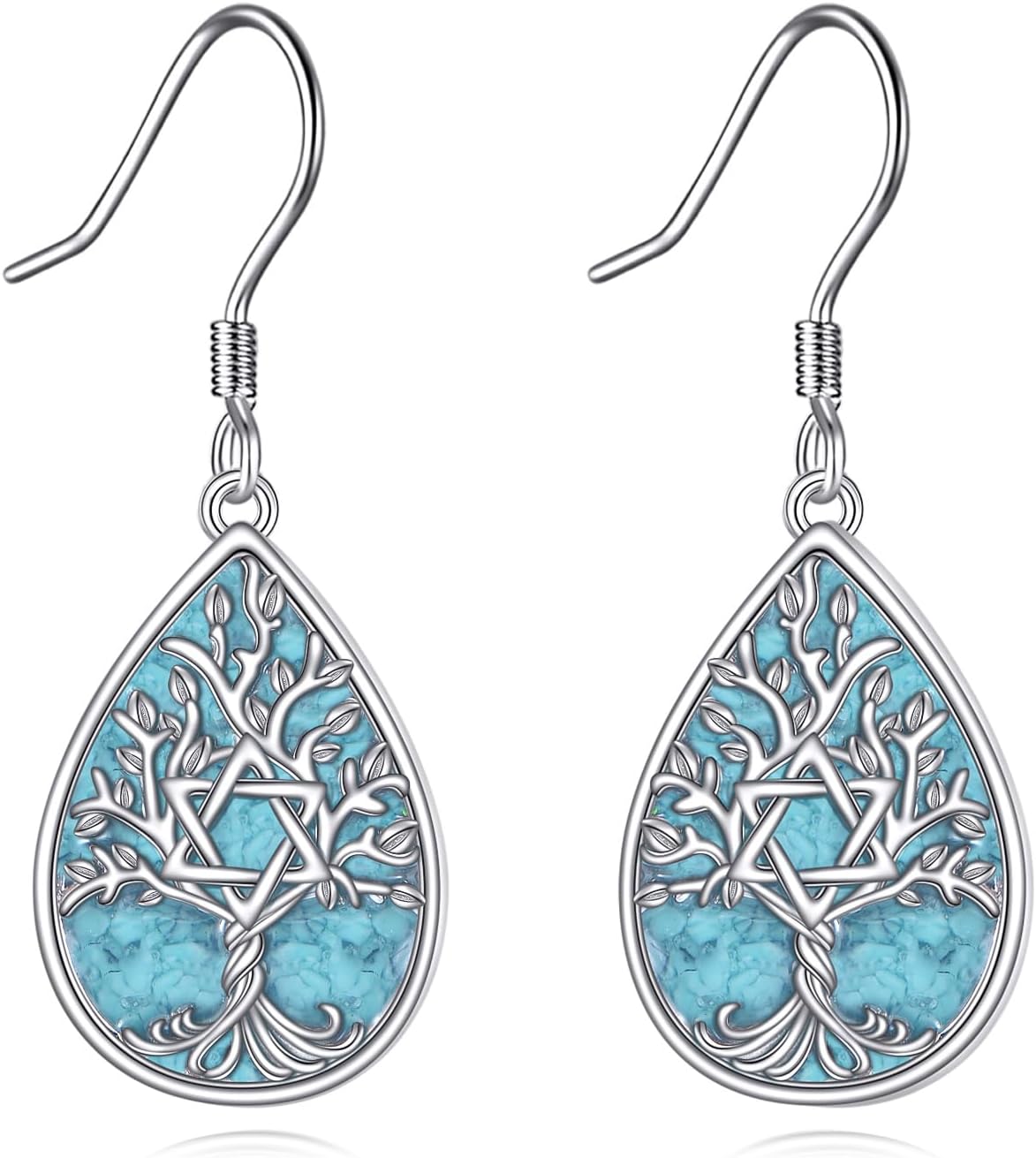 YYB Turquoise Tree of Life Dangle Earrings 925 Sterling Silver Fish Hook Teardrop Earrings for Women Birthday Faith Gifts