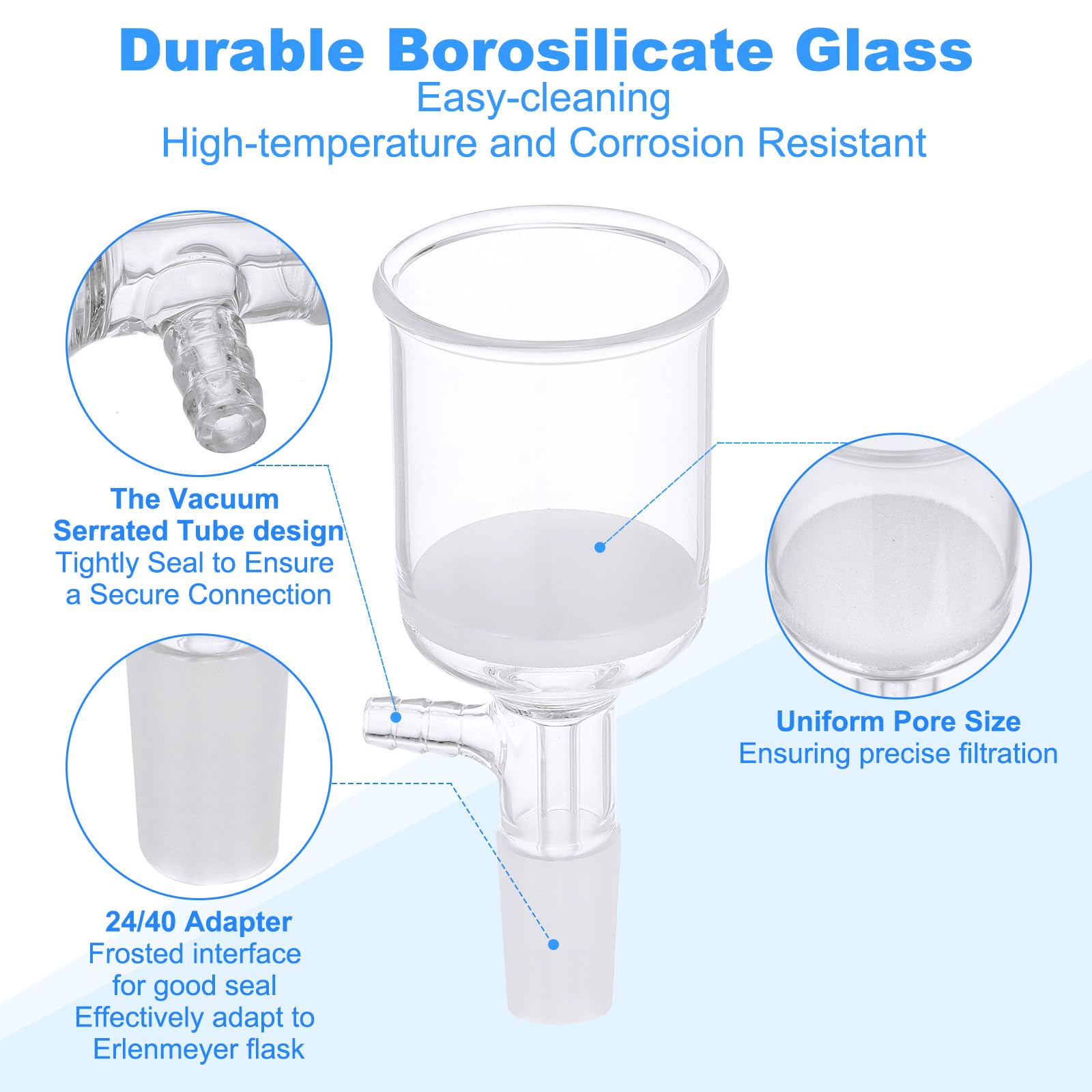 PATIKIL Buchner-Trichter, 100ml Borosilikatglas Buchner-Filtertrichter mit Feiner Fritte (G1), 24/40 Standard Kegel-Innenanschluss für Labor, Experiment, Klar, 55mm ID, 64mm Tiefe