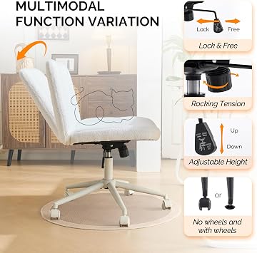 VINGLI Criss Cross Legged Chair,Wide Comfy Office Desk Chair,Dual-Use with/no Wheels Computer Task Chair,Swivel Armless Vanity Boucle Chair for Study,Make Up,Home Office,Teddy Fleece,White