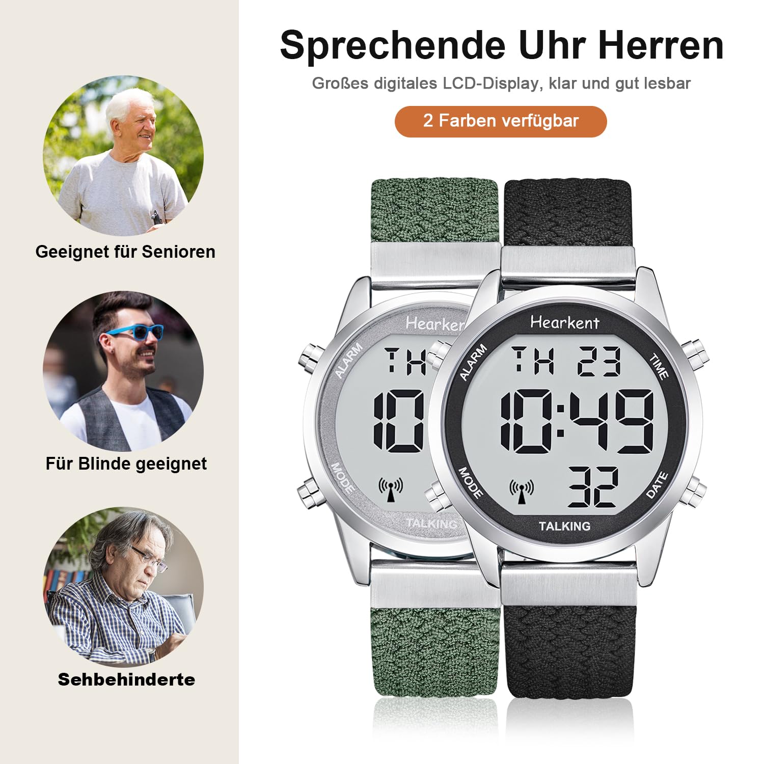 Hearkent Herren Sprechende Uhr Sehbehinderte Funkuhr-Deutscher Stimme-2306 | LCD Große Zahl Leicht zu Lesen-Seniorenuhr Armbanduhr für Senioren,Blindenuhr
