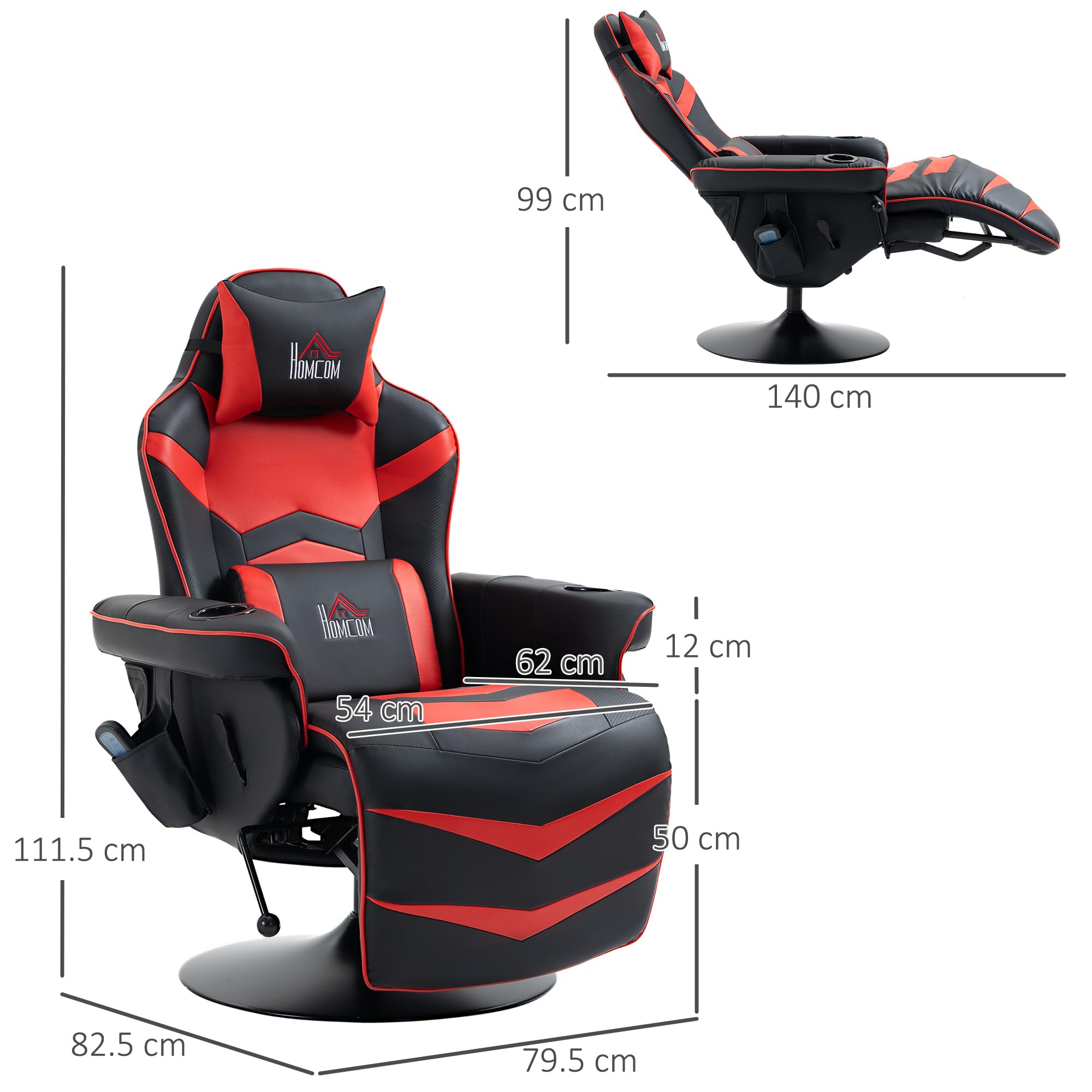HOMCOM Sedia da Gaming Massaggiante e Reclinabile con Poggiapiedi, Portabicchieri e Cuscino, Sedia Ergonomica in Finta Pelle, Acciaio, 79.5x82.5x111.5 cm, Nero e Rosso