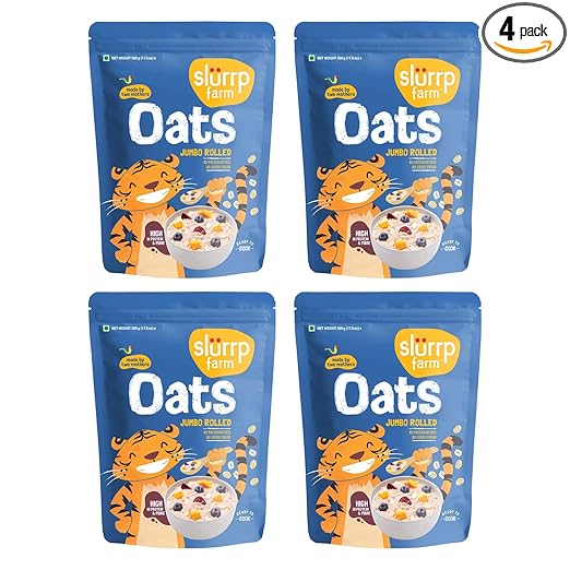 Slurrp Farm Rolled Oats, 100% Natural Wholegrain, High Protein & Fiber, Healthy Food with No Added Sugar, Breakfast Cereal, Healthy Snack, Dalia Porridge, Made for Kids, 500g X 4