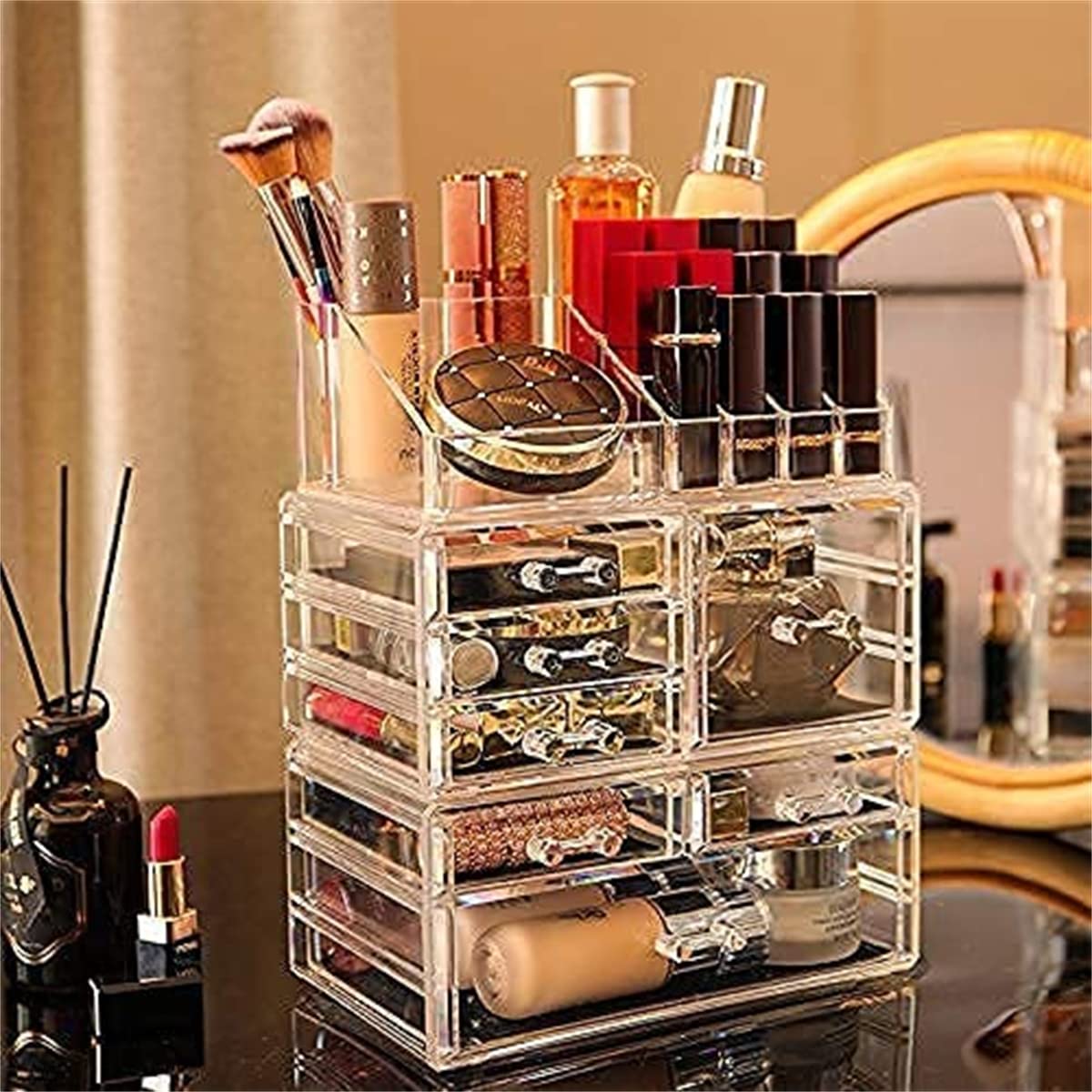 Organizer per Trucco in Acrilico,7 cassetti e 16 Organizer per Trucco a griglia con custodie per Cosmetici,9,5" X6,5 X11,8,Set da 2 Pezzi Trasparenti,Trasparente