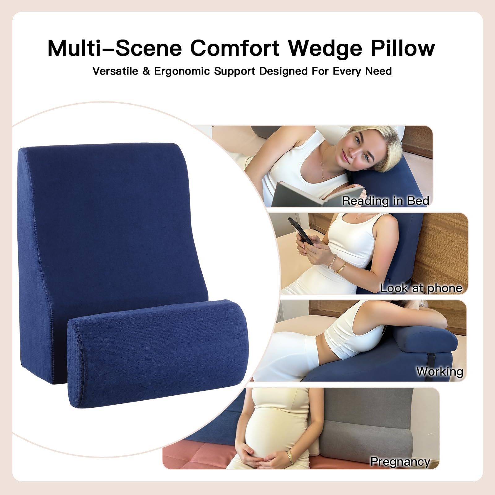 WSJHNLBEDC Lesekissen/Rückenkissen für Bett und Sofa, Memory Schaum Orthopädisches Keilkissen Verstellbare Kopfstütze und Abnehmbarer Bezug für Rücken, Nacken Und Beine, Blau, 57x45x30cm