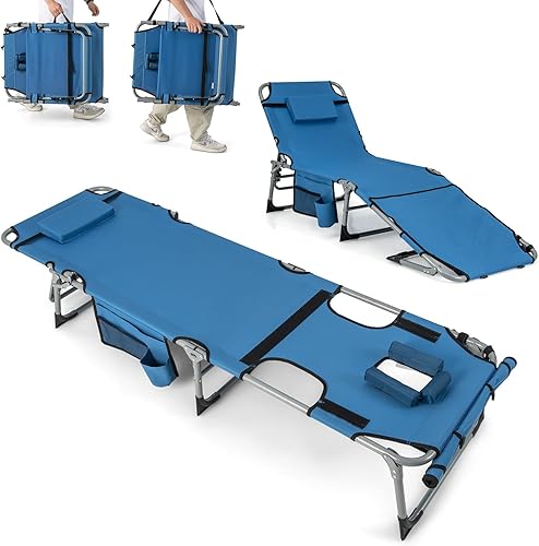 Goplus Silla de bronceado, silla plegable de playa al aire libre con agujero para cara y brazo, correa de transporte, almohada, bolsillo lateral,