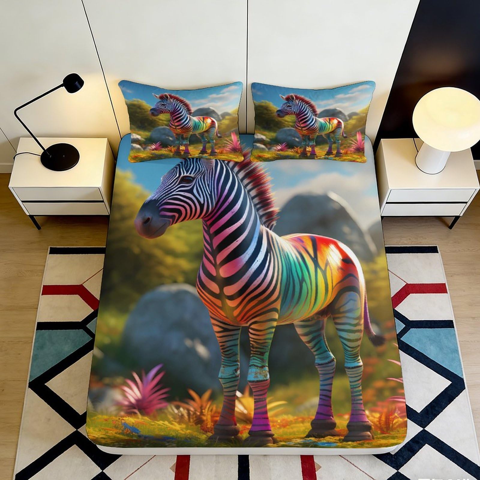 3D Printed Rainbow Zebra Fitted Sheet Microfiber Soft Vibrant Jungle Mattress Cover for Bedroom Dorm Decor 90x200x25cm