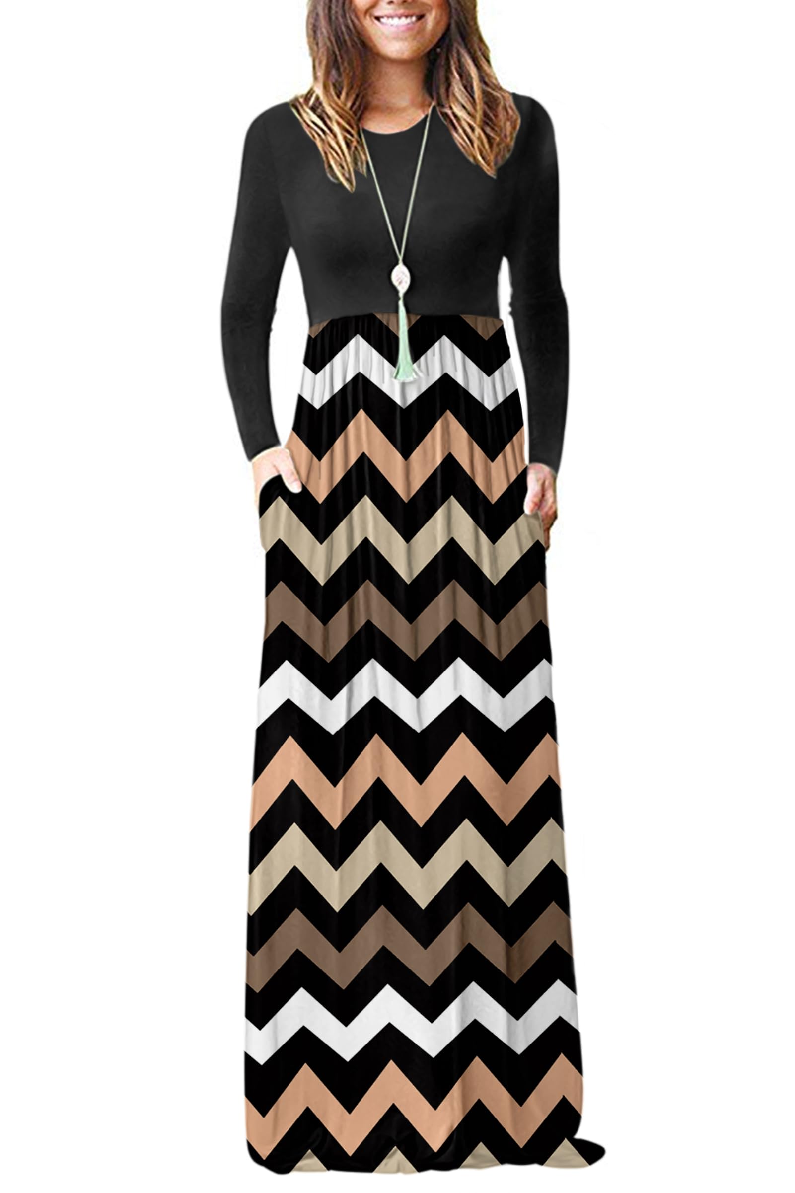 AUSELILY Damen Maxikleid Langarm Taschen Winter | Kleid mit Taschen Langarm,Lässiges Maxikleid mit Rundhals,Für den Alltag geeignet,Angenehmes Material,Polyester,Spandex