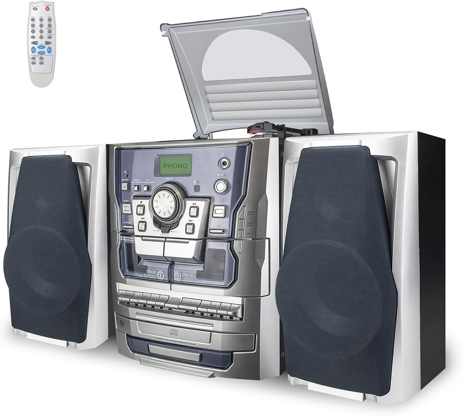 Bluetooth Vinyl Stereo Record Player, 3-Speed Stereo Turntable CD Player Music System with Dual Cassette Deck, Digital Alarm Clock FM Radio Coded CD Tape with Remote Control