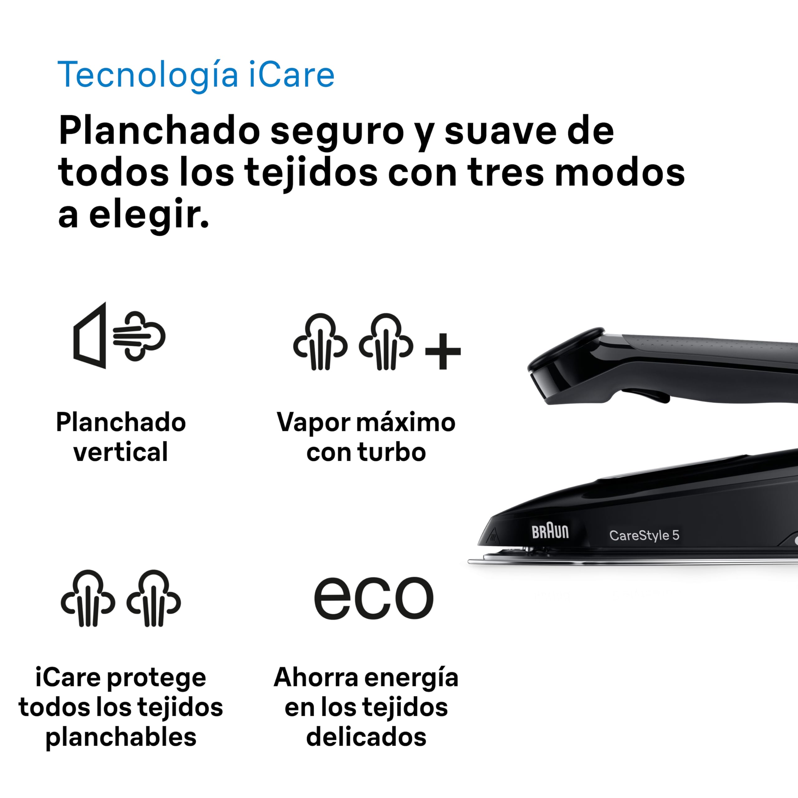 Braun CareStyle 5 IS5249BK, Plancha de Vapor con Tecnología FreeGlide 3D, 150 g/min de Vapor, Calentamiento Rápido, iCareMode, Planchado Vertical, Anti Goteo, Tanque Agua Desmontable 2L, 2400W, Negro