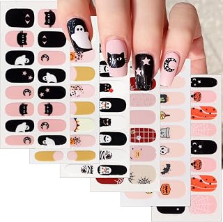 6 Sheets Halloween Gel Nail Stickers for Short Nails Gothic Cat Nail Polish Stickers Self-Adhesive Horror Pumpkin Ghost Nail Polish Strips Black White Spider Web Star Moon Gel Nail Strips for Women