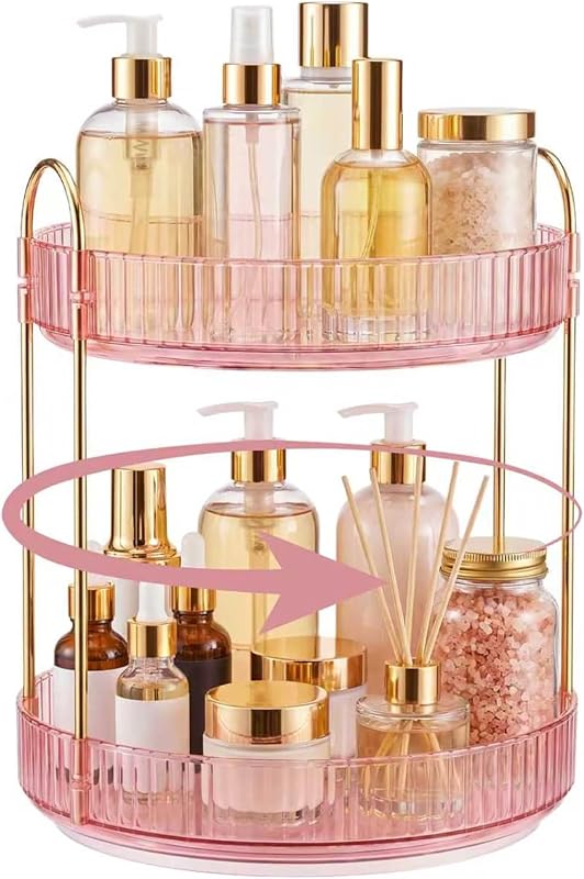 Organizador giratório para maquiagem Delnor com bandejas em 2 níveis, cor-de-rosa, XZJ-01