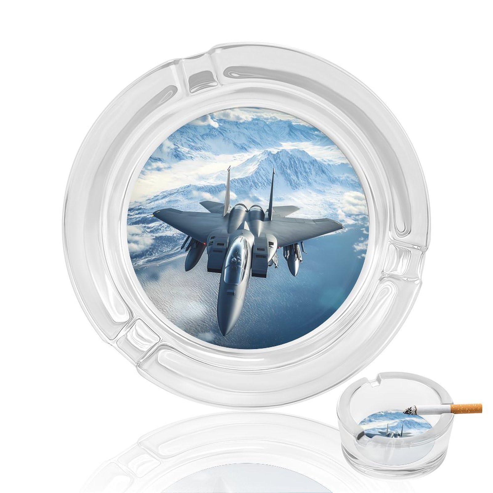 Aircraft Fighter Jet F-15 Ea-gles Flying Ashtray Portable Round Glass Outdoor Ash Tray for Home Office Garden Pub