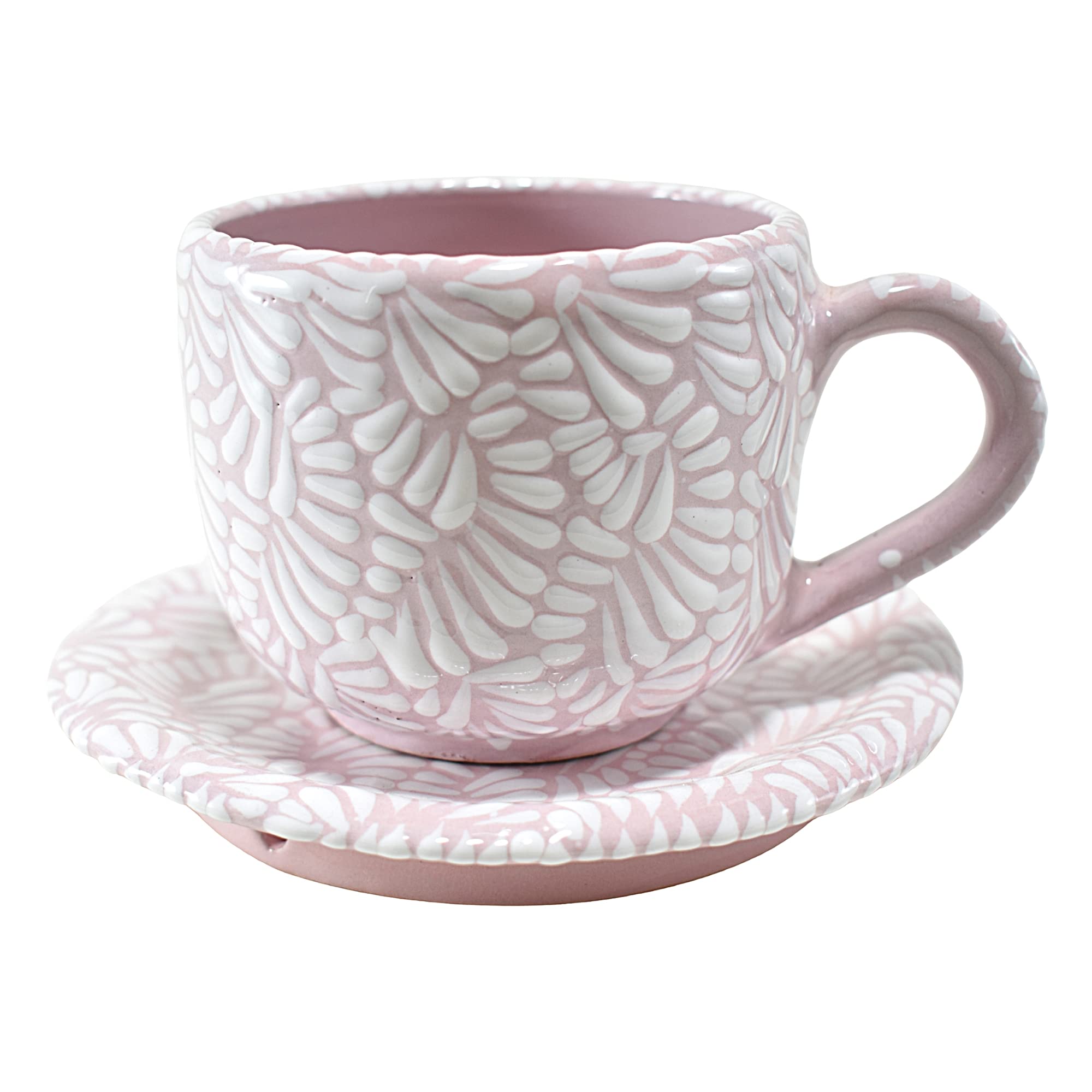 MAREY Coffee Plate & Mug Set Made of Poblan Skull Ceramic | 100% Handmade | Traditional Talavera Ceramic (Pink, Coffee 320 ml.)