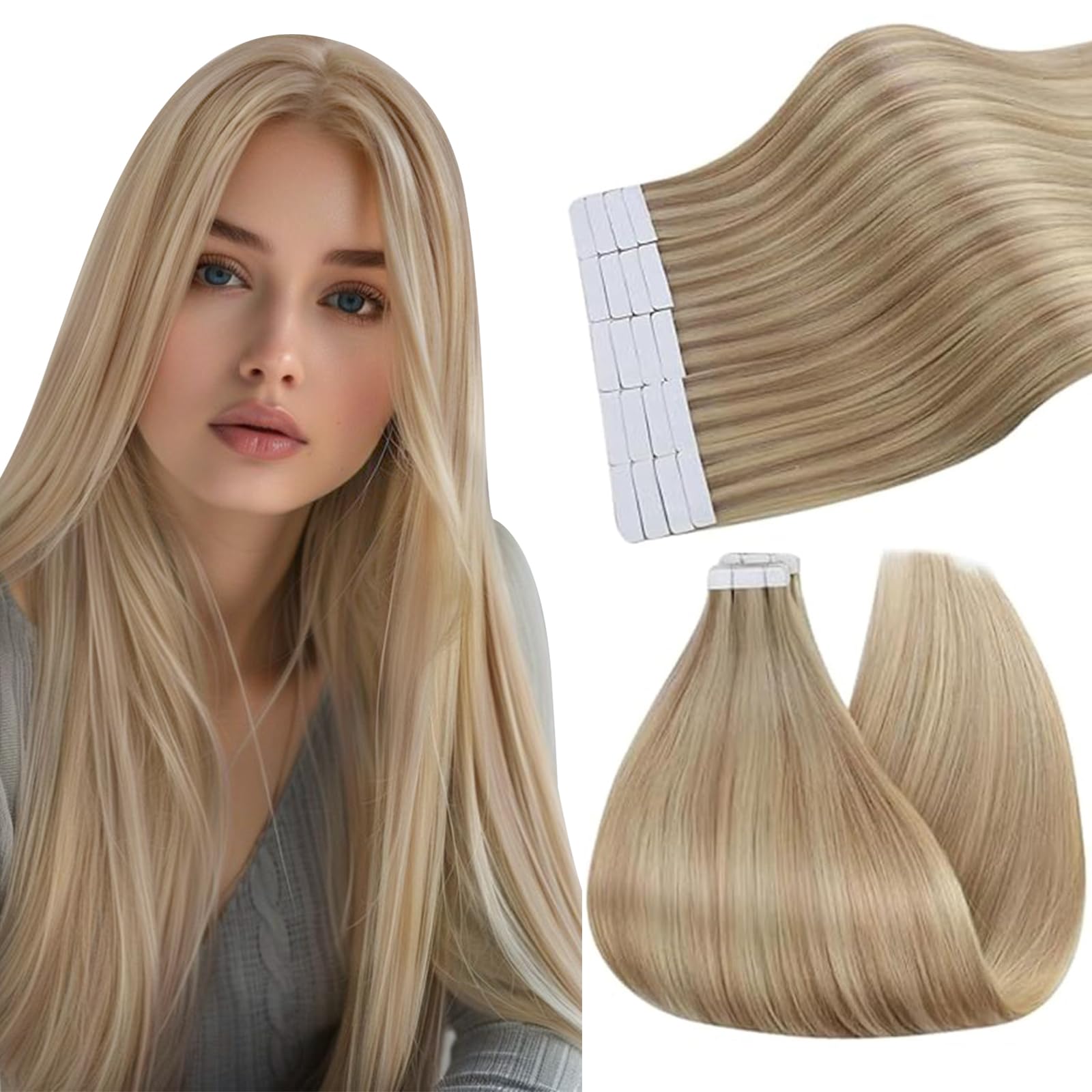 Ugeat Highlight Tape in Hair Extensions Human Hair 16 Inch Golden Blonde Human Hair Extensions Tape in Real Hair Dark Ash Blonde Natural 50G 20Pcs #16/22